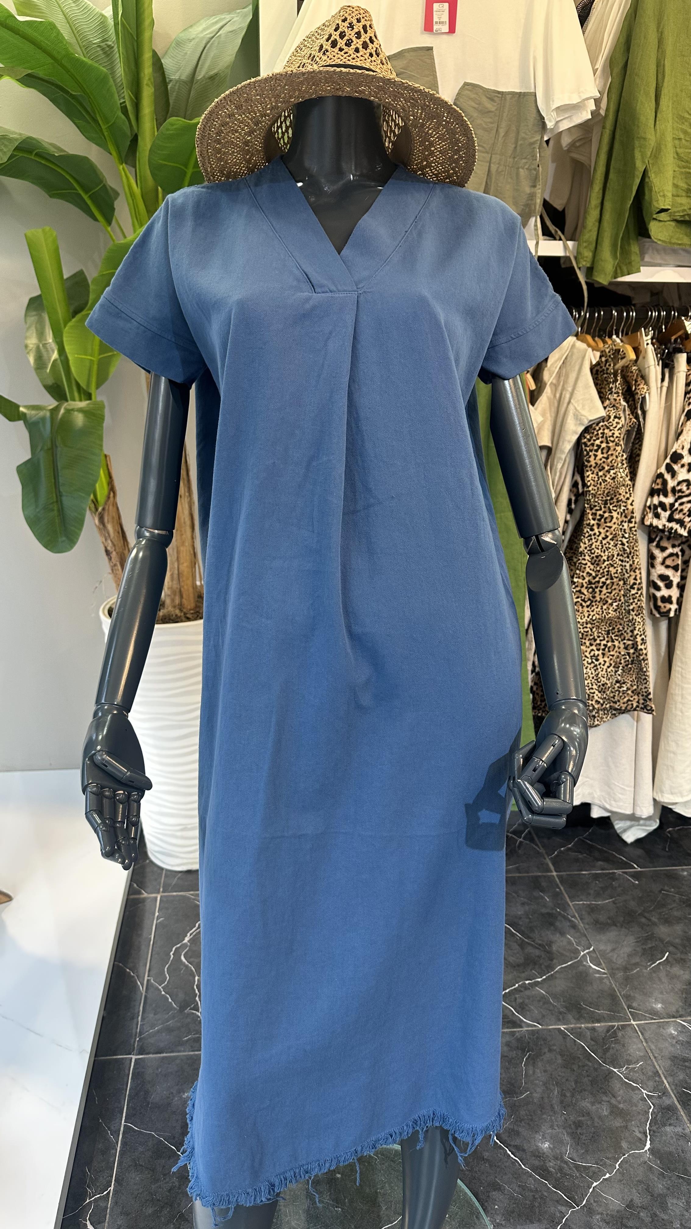 Henda Saks Kemer Detaylı V Yaka Elbise