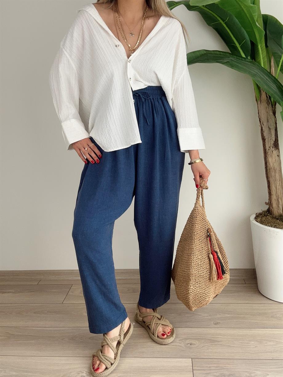 İndigo Beli Lastikli Keten Pantolon