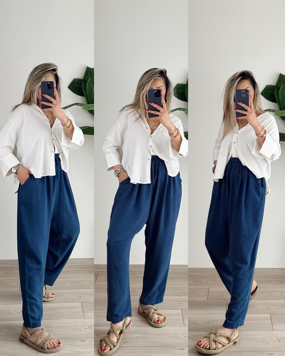 İndigo Beli Lastikli Keten Pantolon