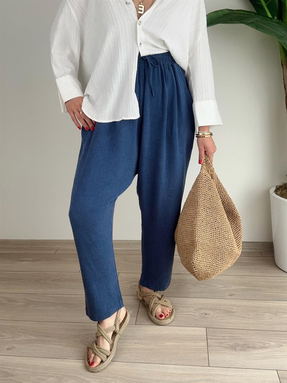 İndigo Beli Lastikli Keten Pantolon