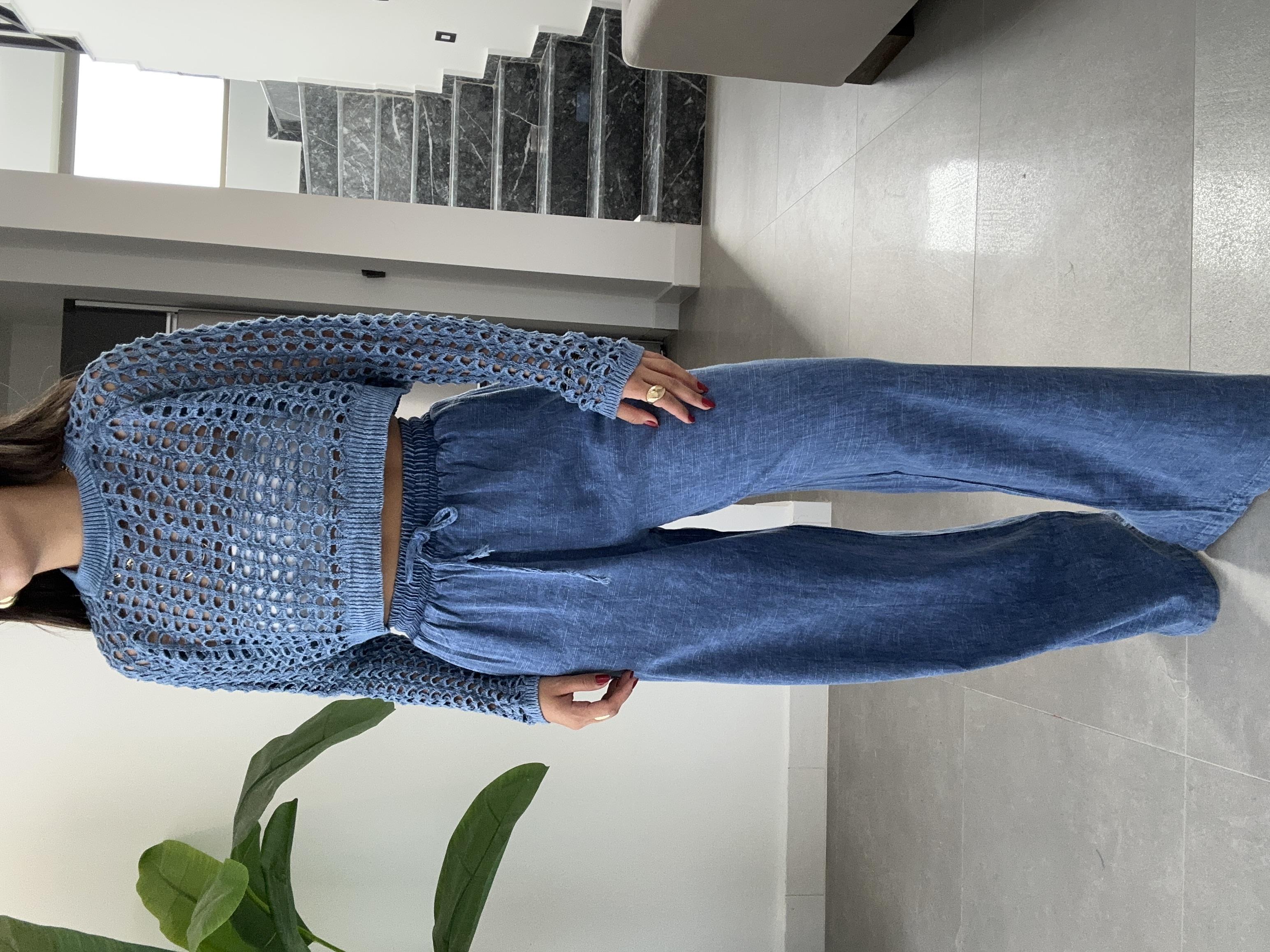 İndigo Beli Lastikli Yıkamalı Pantolon