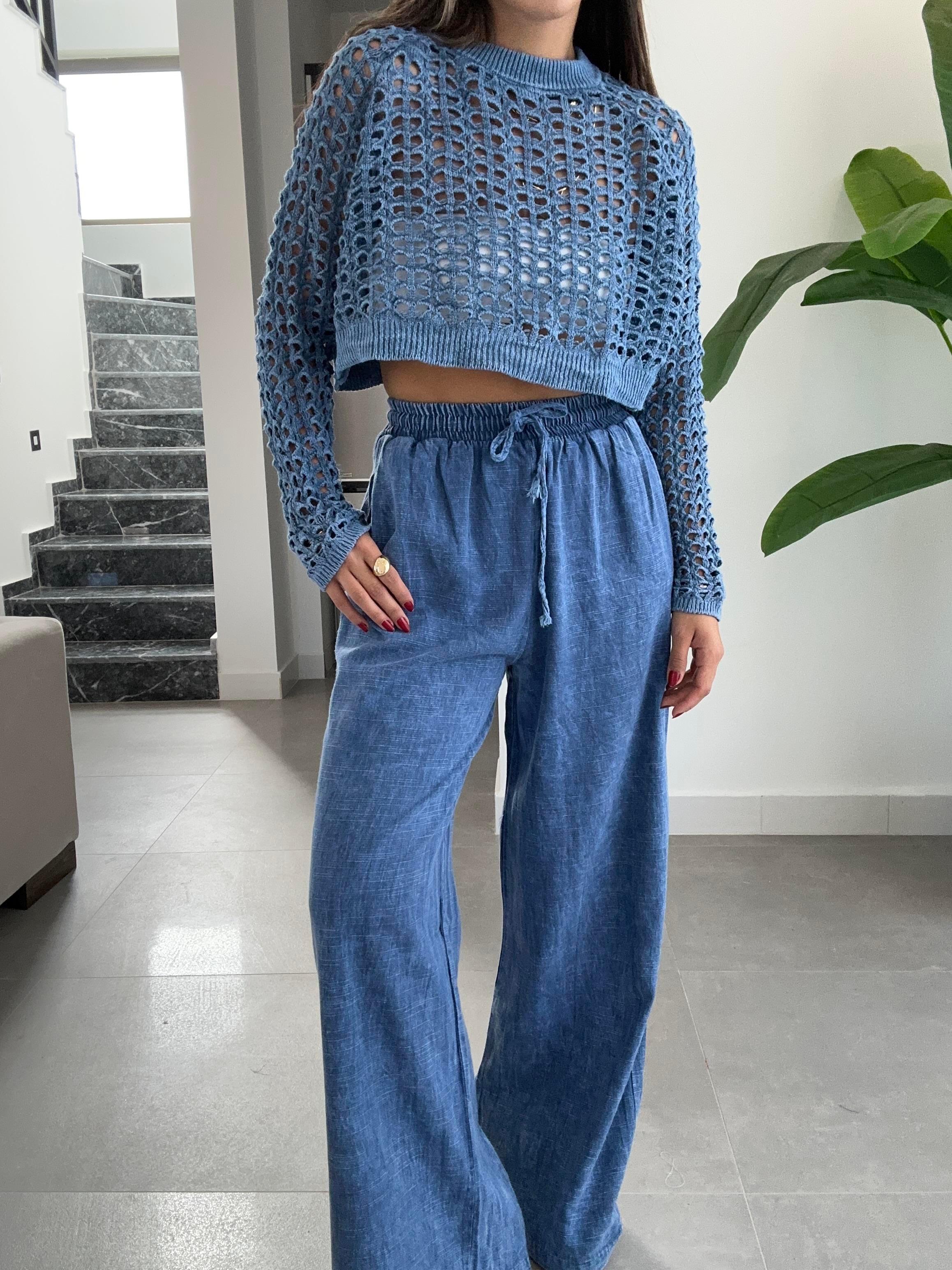 İndigo Beli Lastikli Yıkamalı Pantolon