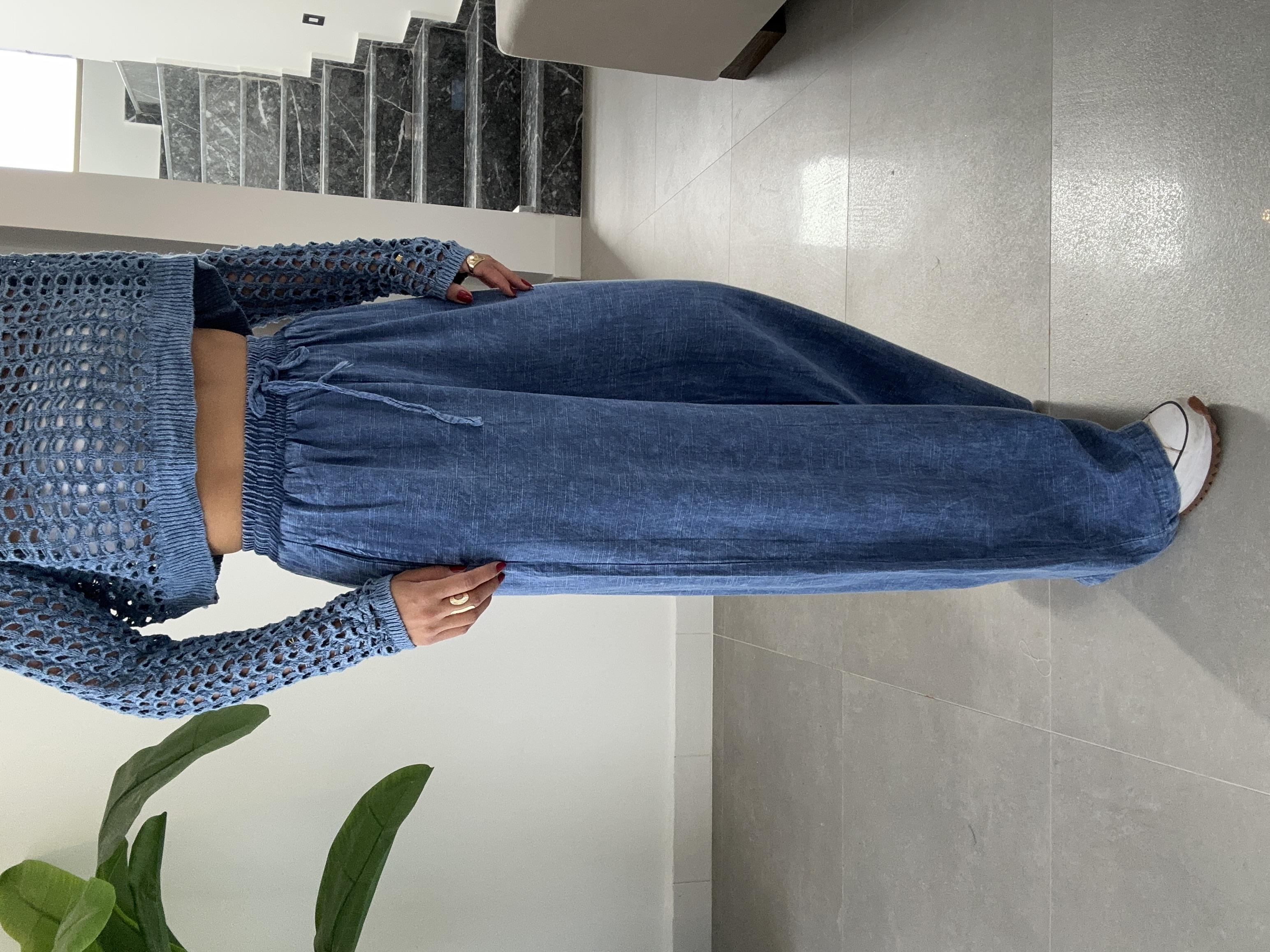 İndigo Beli Lastikli Yıkamalı Pantolon