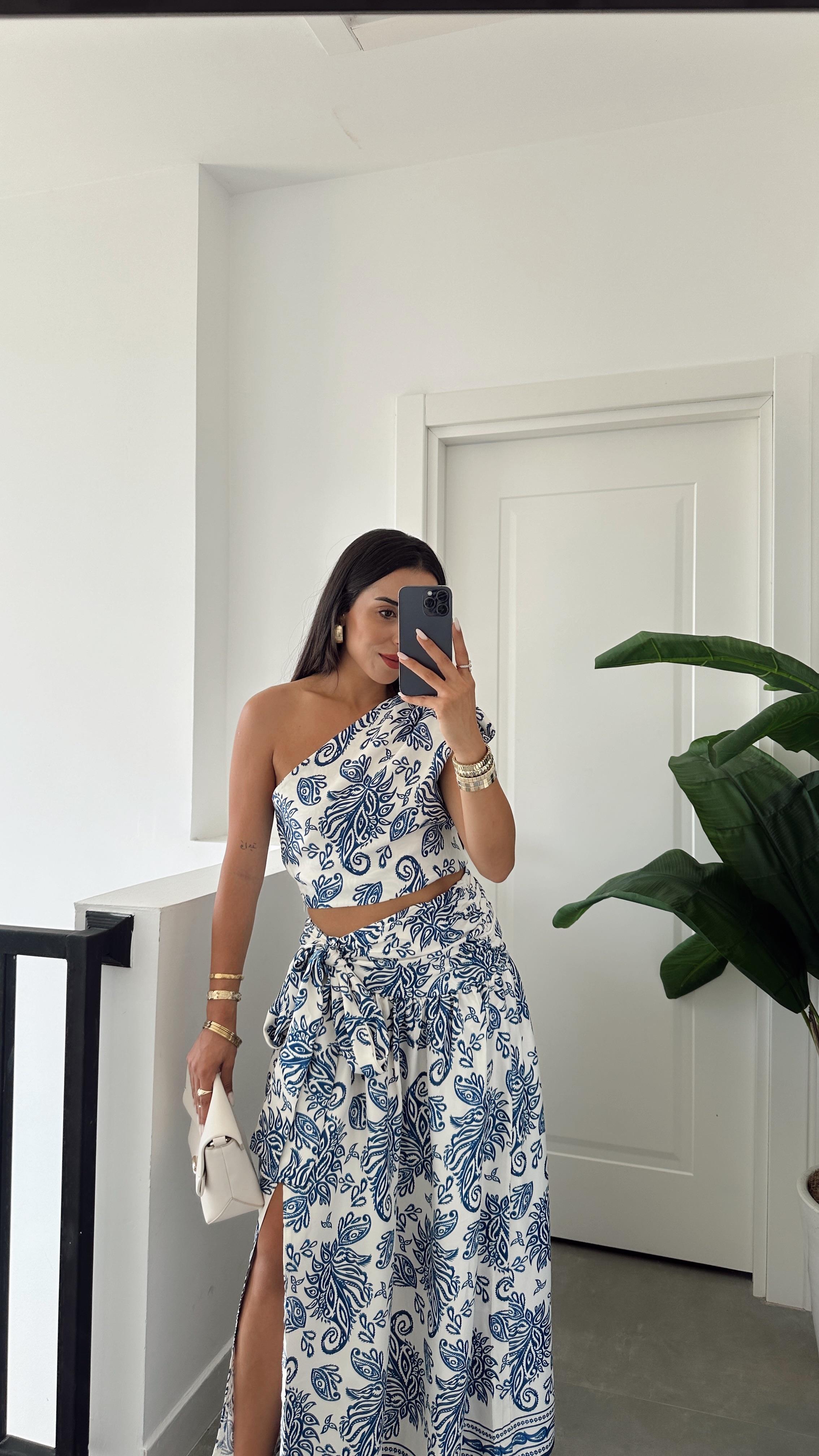 İndigo Desenli Omuz Detaylı Bluz Etek Takım