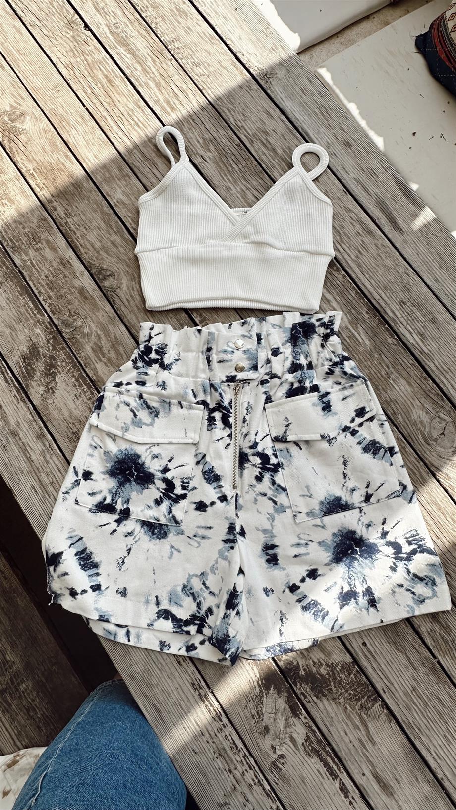 İndigo Desenli Şort