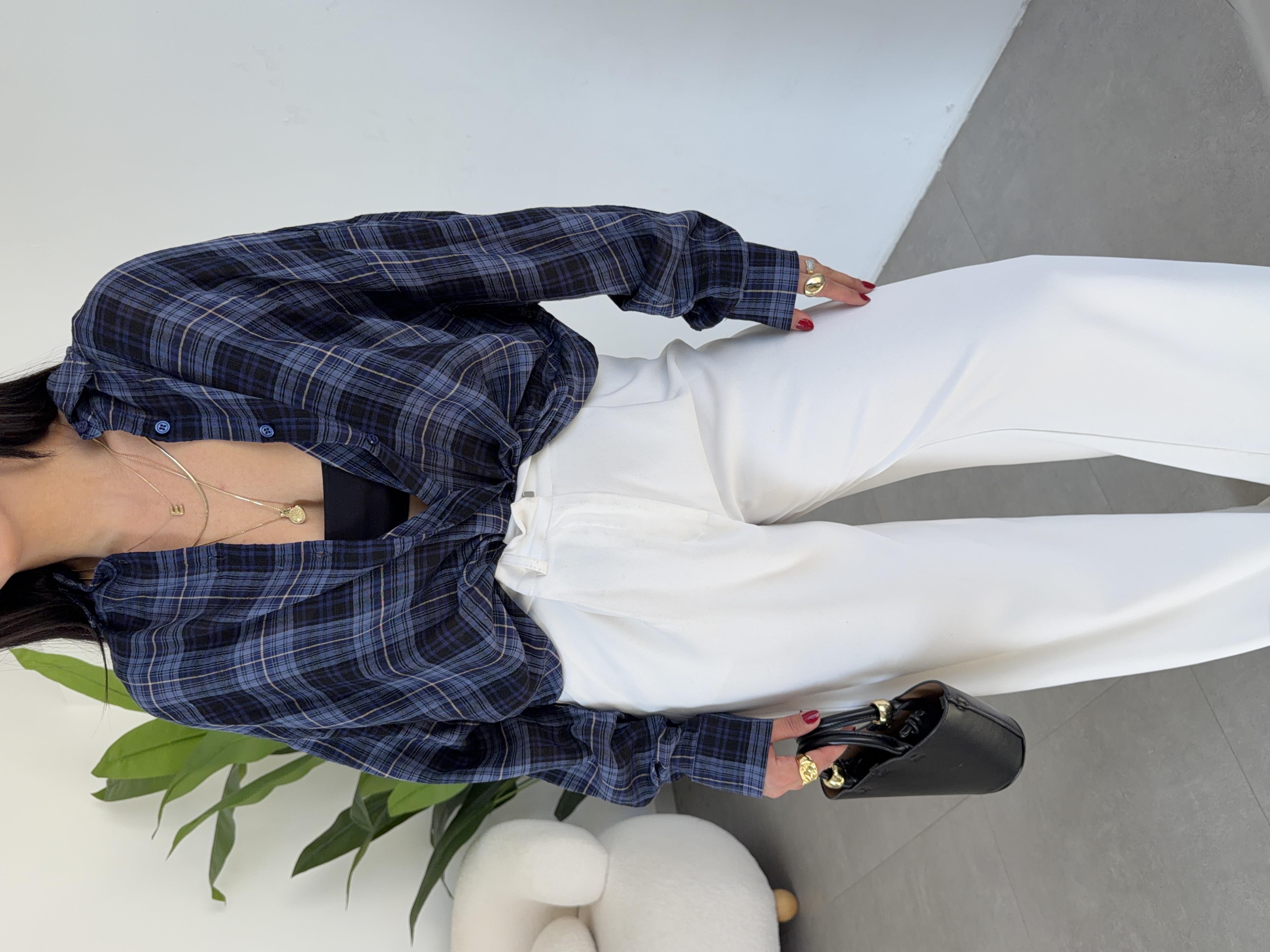 İndigo Ekose Desenli Oversize Gömlek