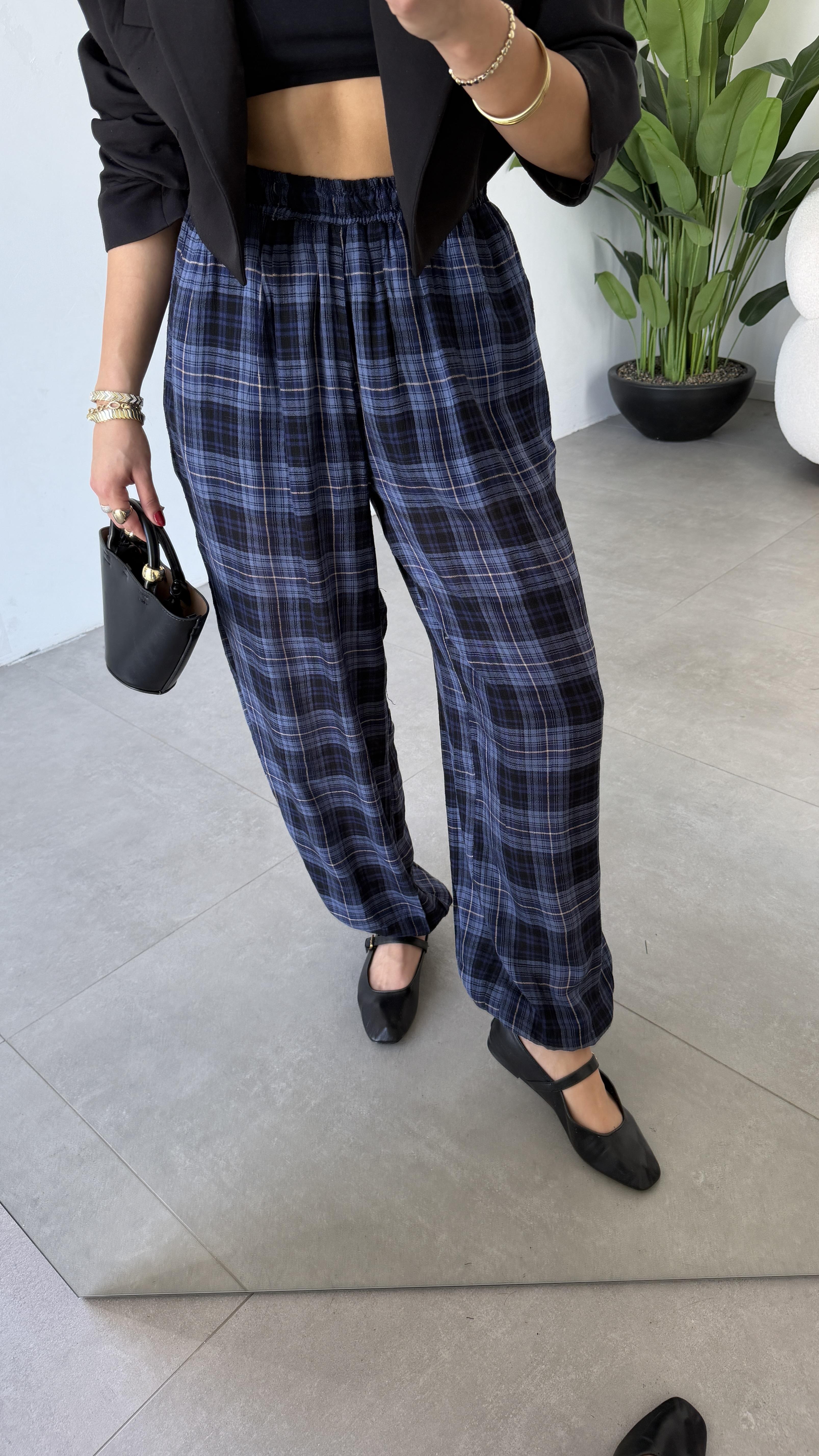 İndigo Kareli Balon Pantolon