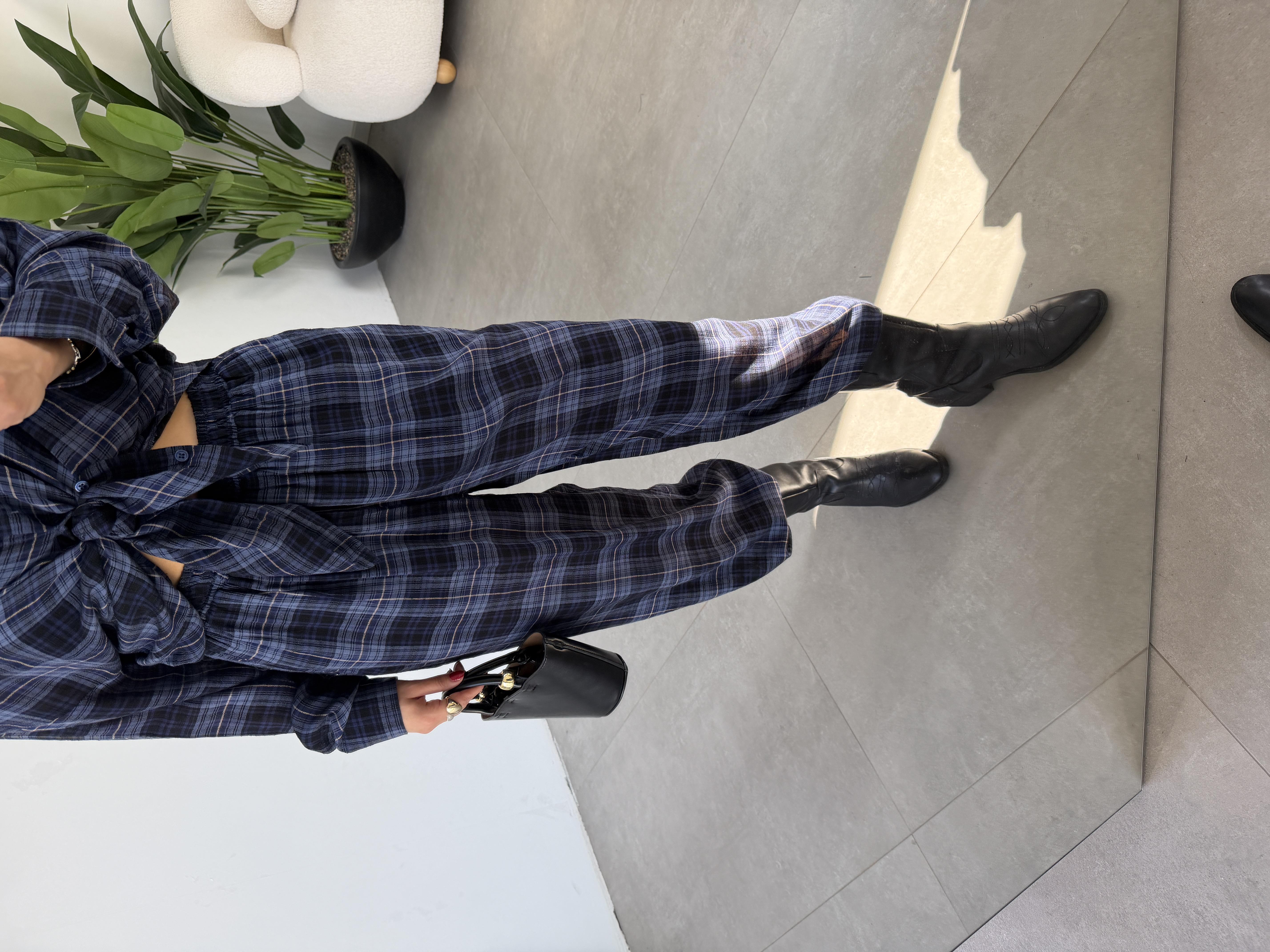 İndigo Kareli Balon Pantolon