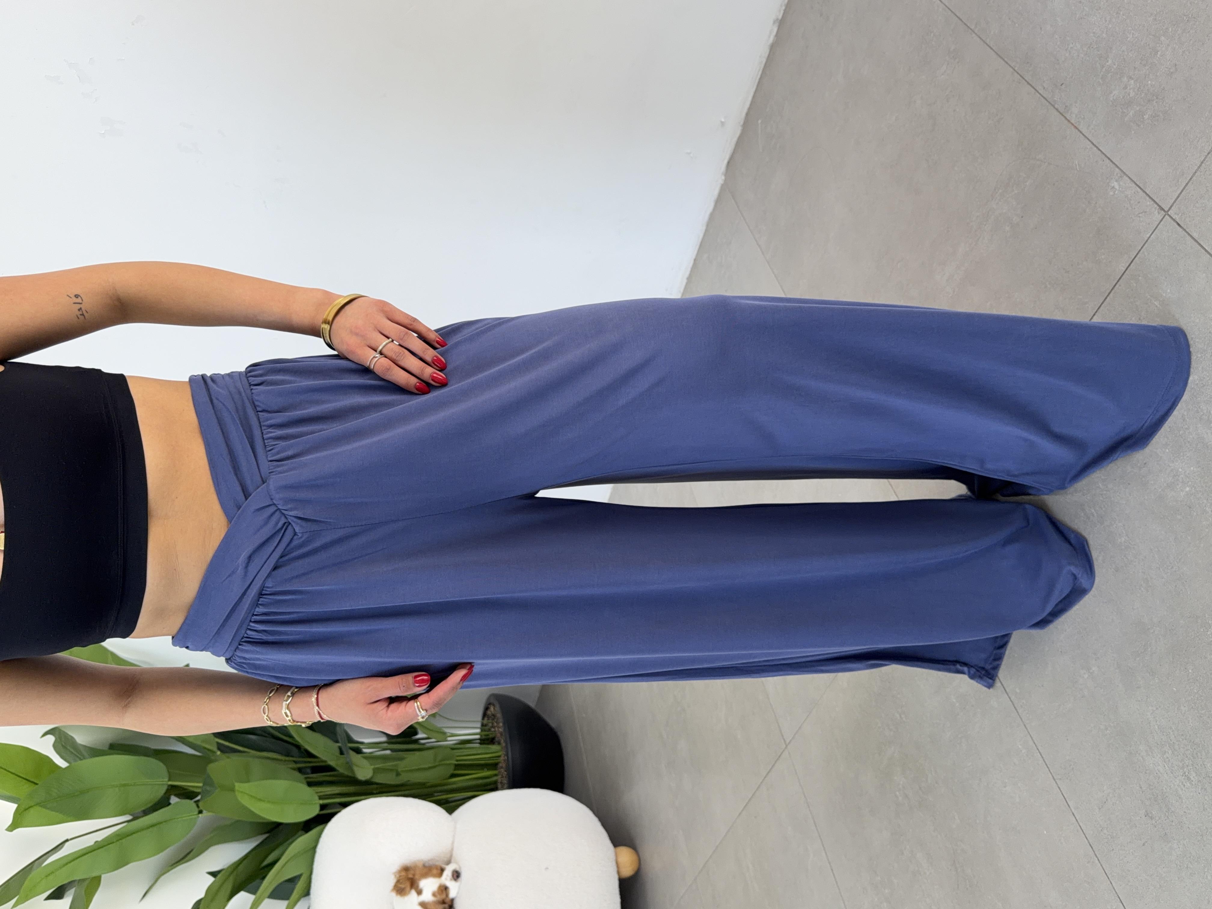 Comfort İndigo Kruvaze Bel Detaylı Modal Bol Paça Pantolon