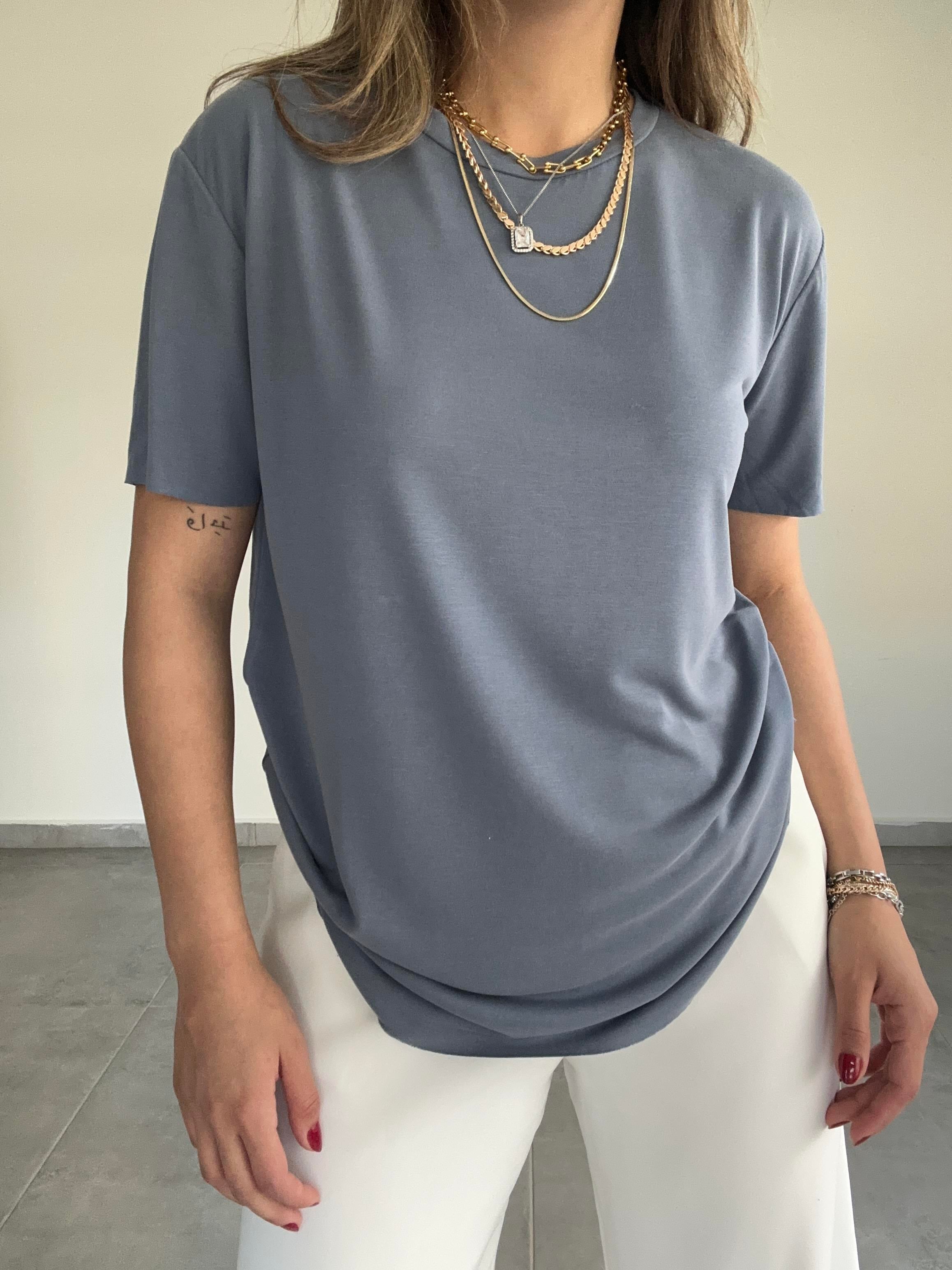 İndigo Modal Kumaş Bisiklet Yaka Tişört