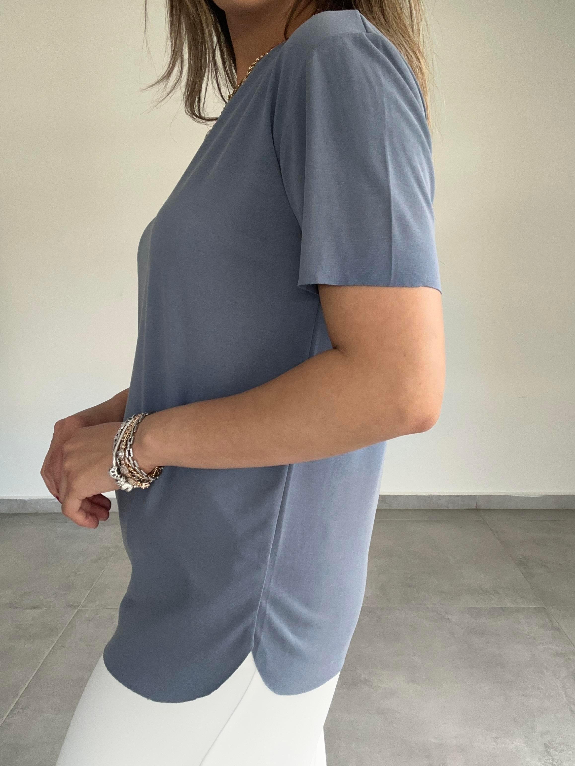 İndigo Modal Kumaş Bisiklet Yaka Tişört