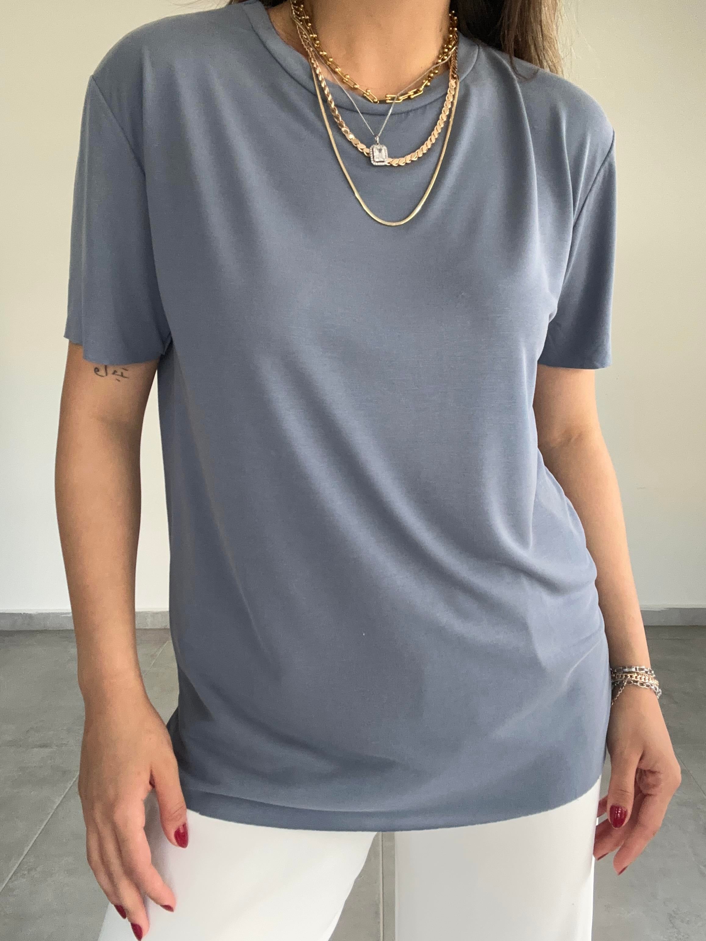 İndigo Modal Kumaş Bisiklet Yaka Tişört