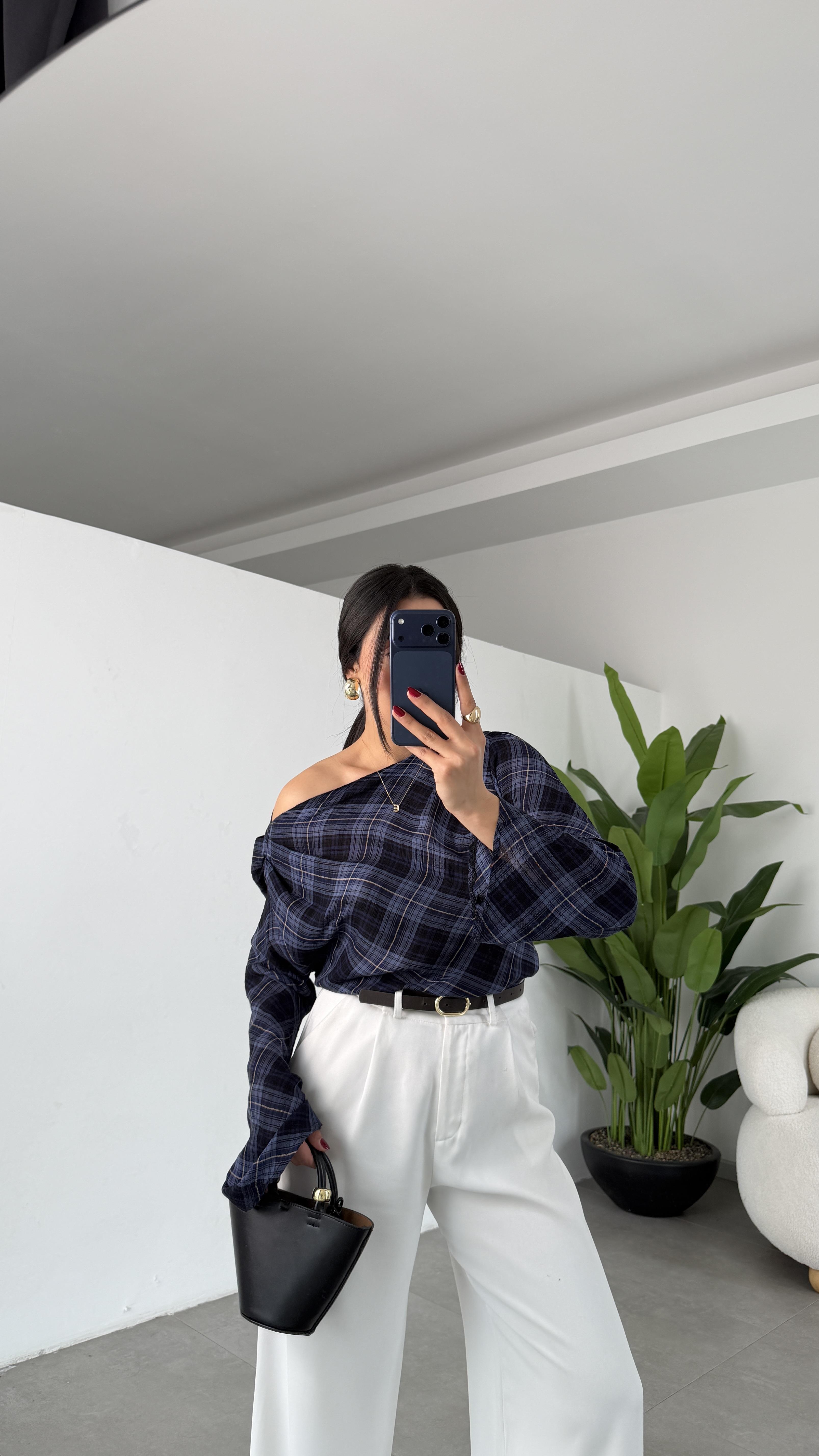 İndigo Pilili Kareli Bluz