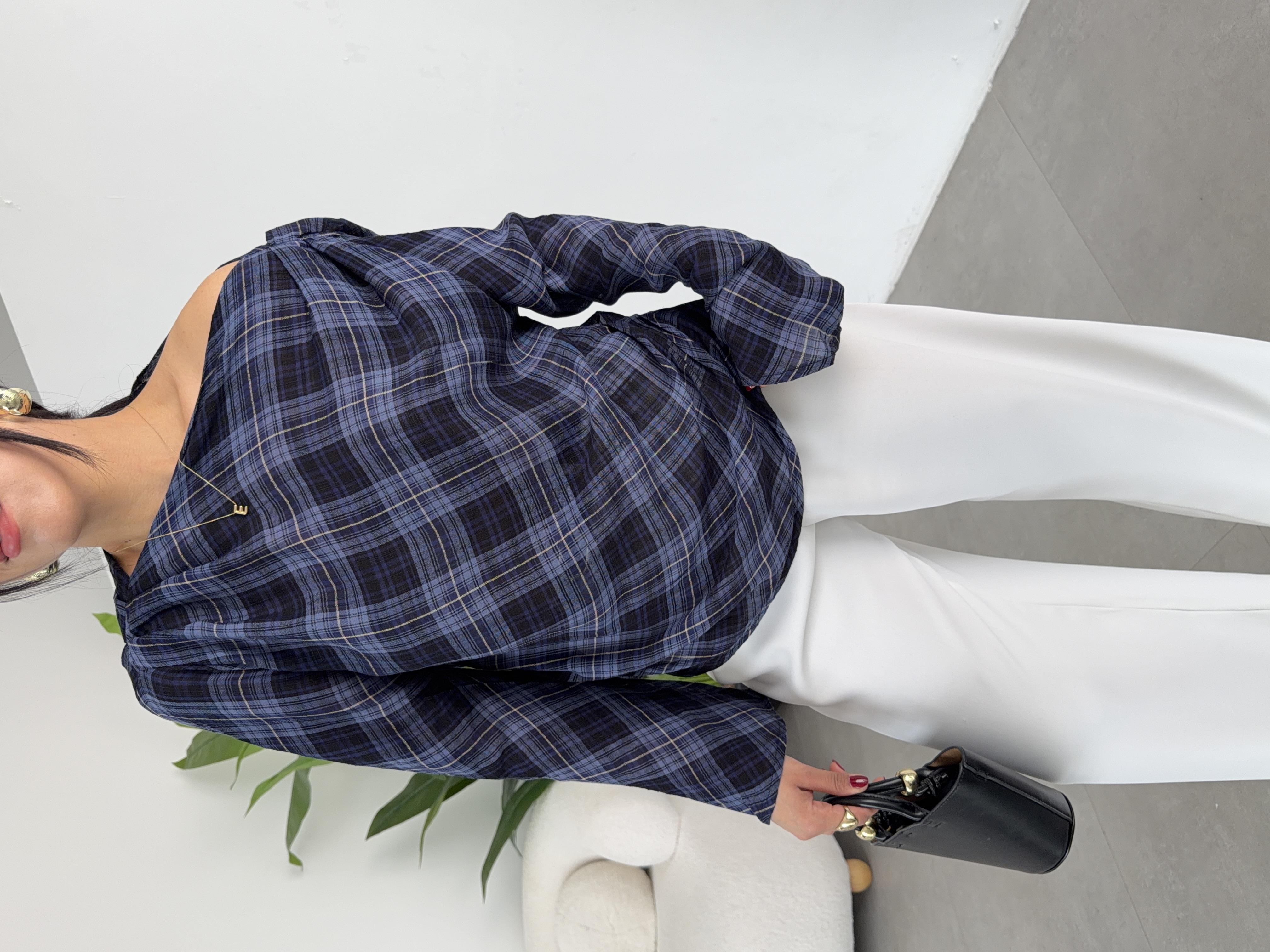 İndigo Pilili Kareli Bluz