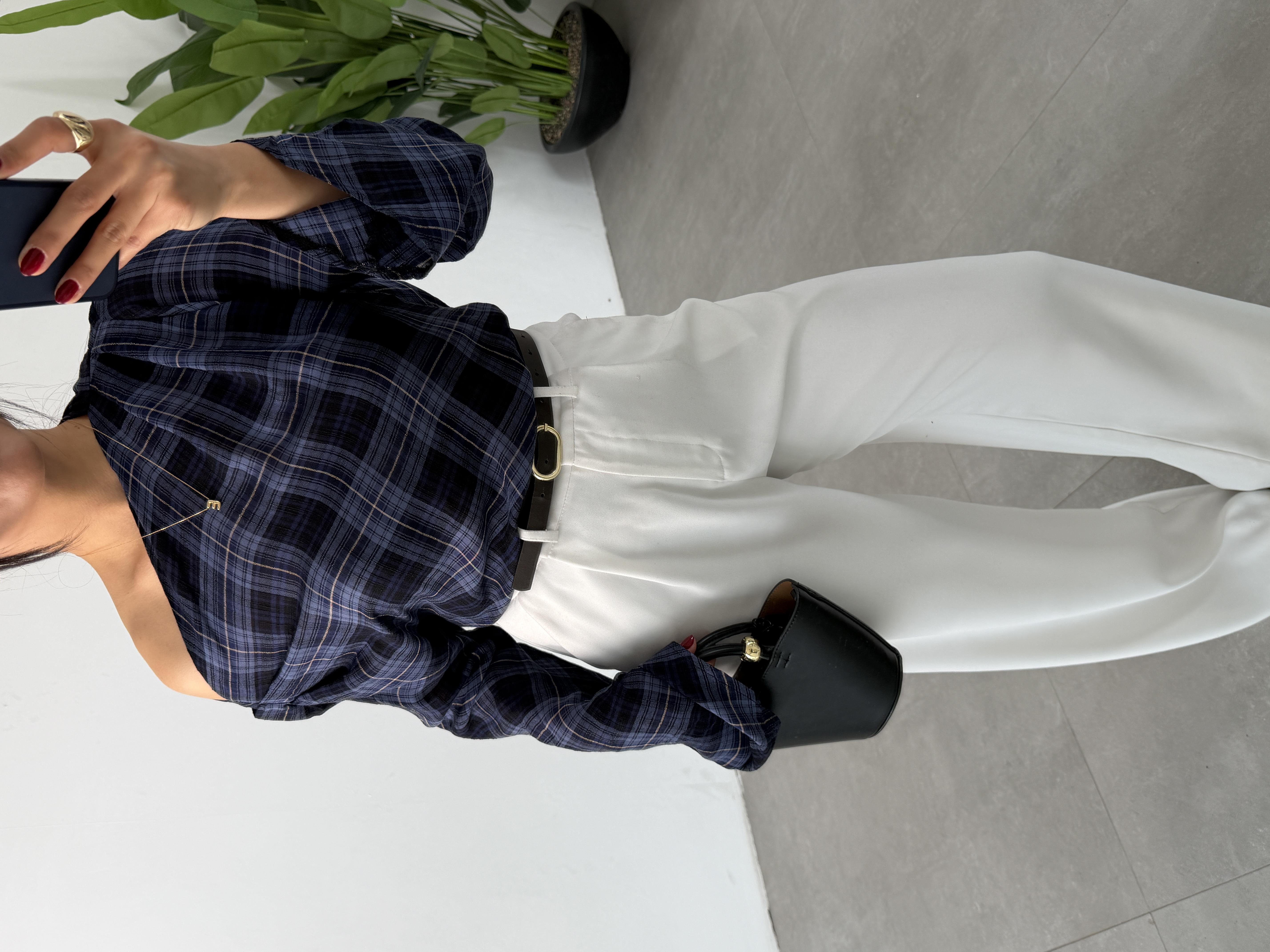 İndigo Pilili Kareli Bluz