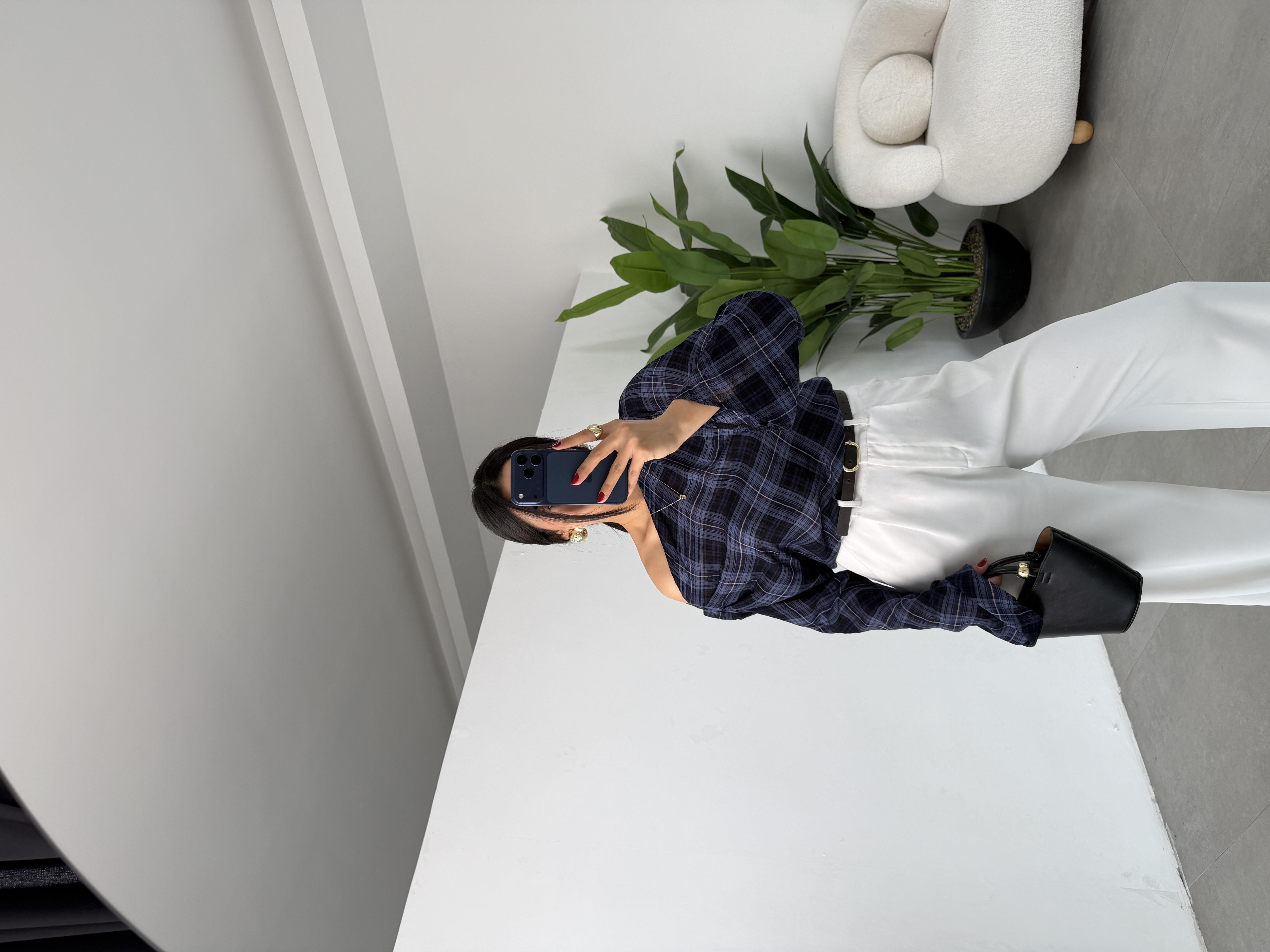 İndigo Pilili Kareli Bluz