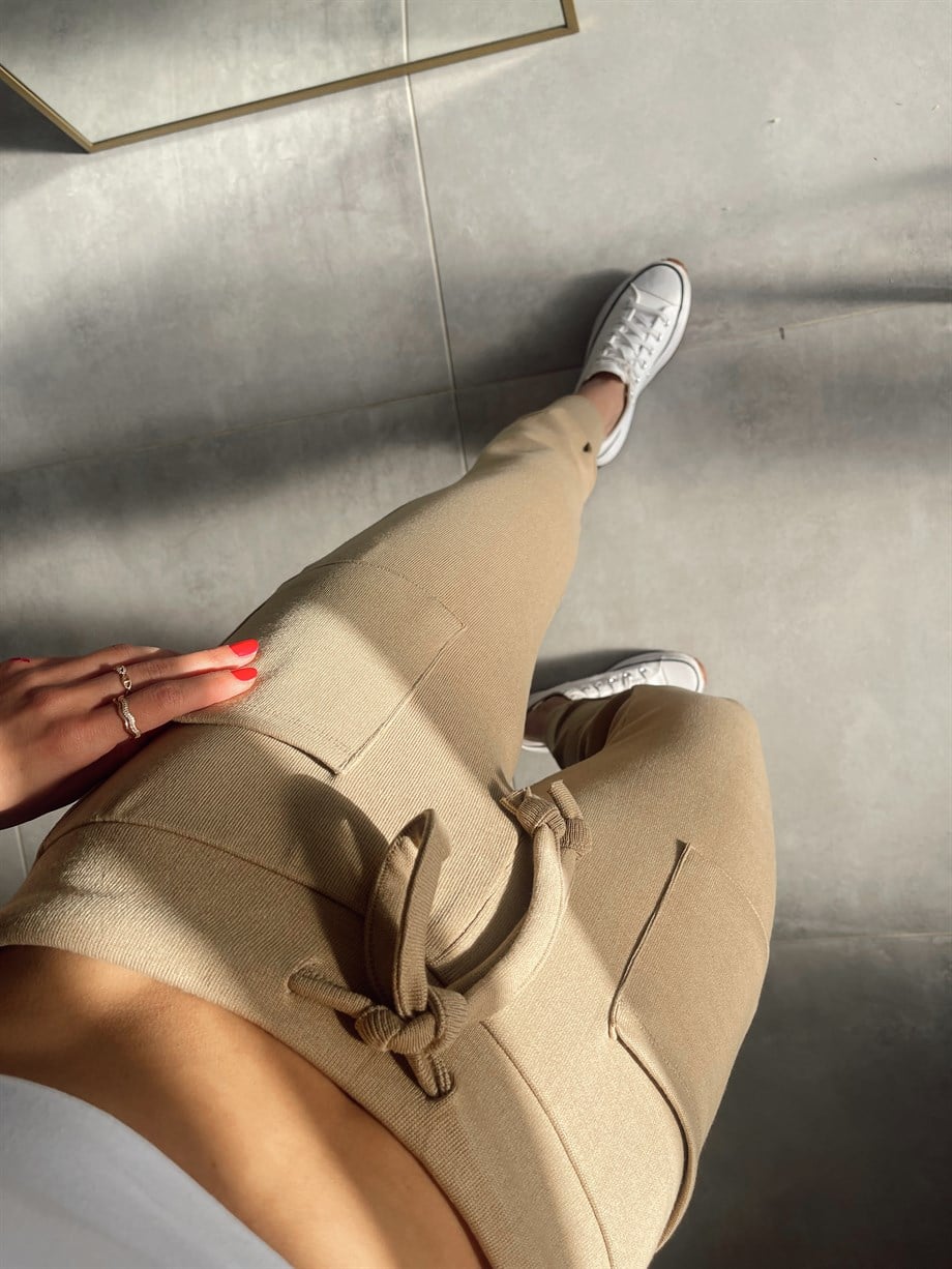 İp Bağlamalı Camel Cep Detay Salaş Triko Eşofman