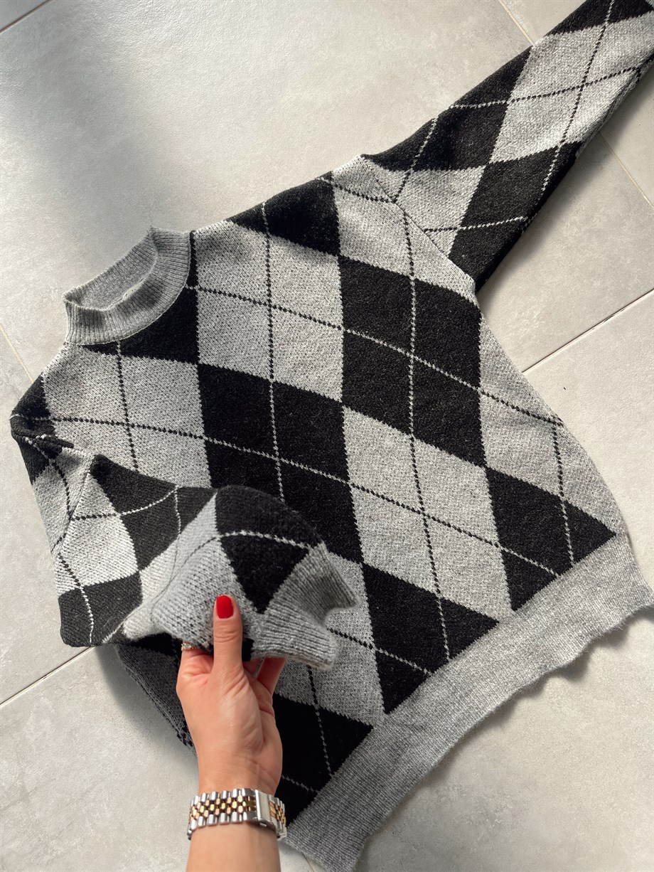 İpek Baklava Kazak Siyah-Gri