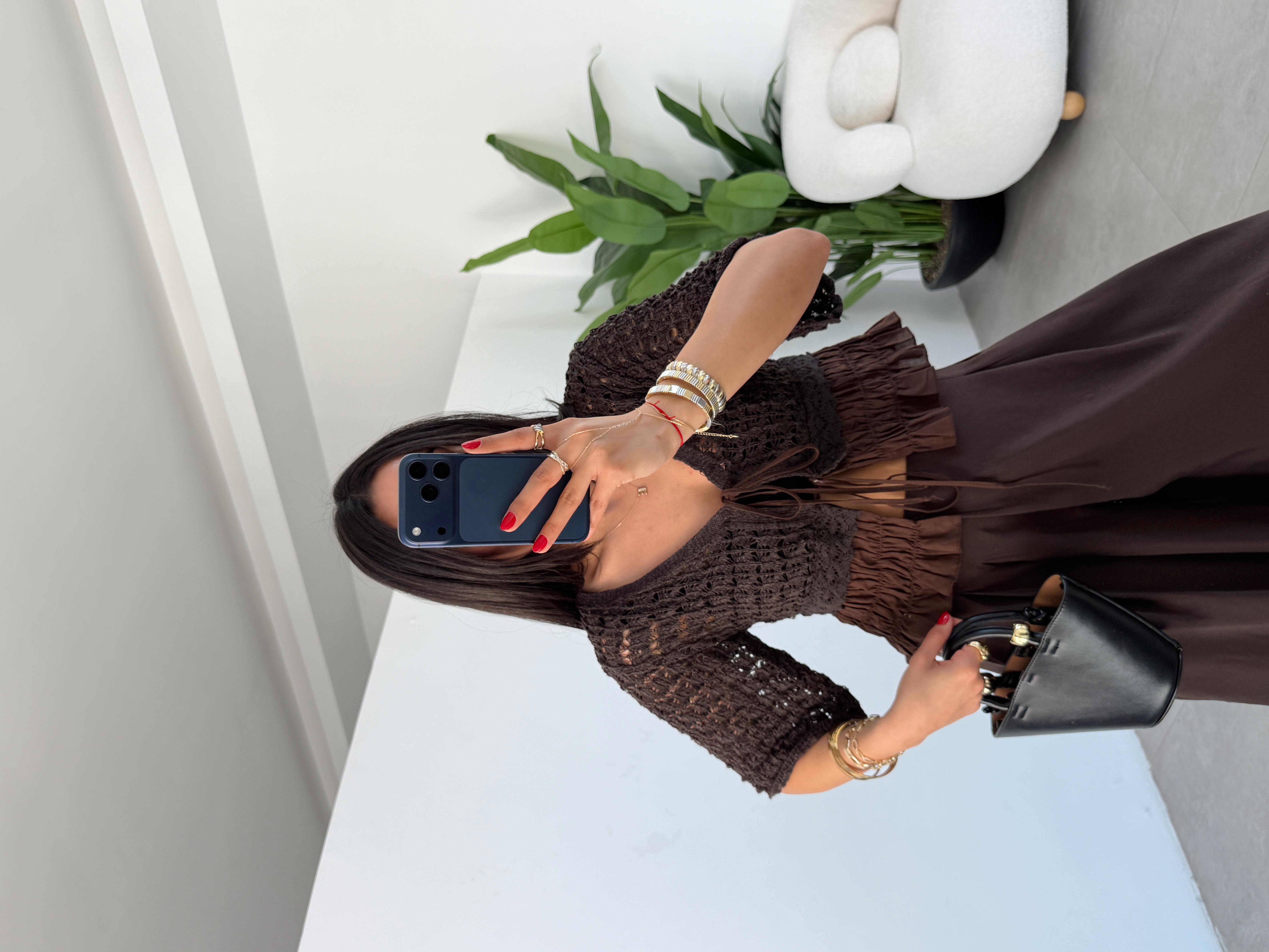 Kahve Ajurlu Dantel Detaylı Triko Bluz