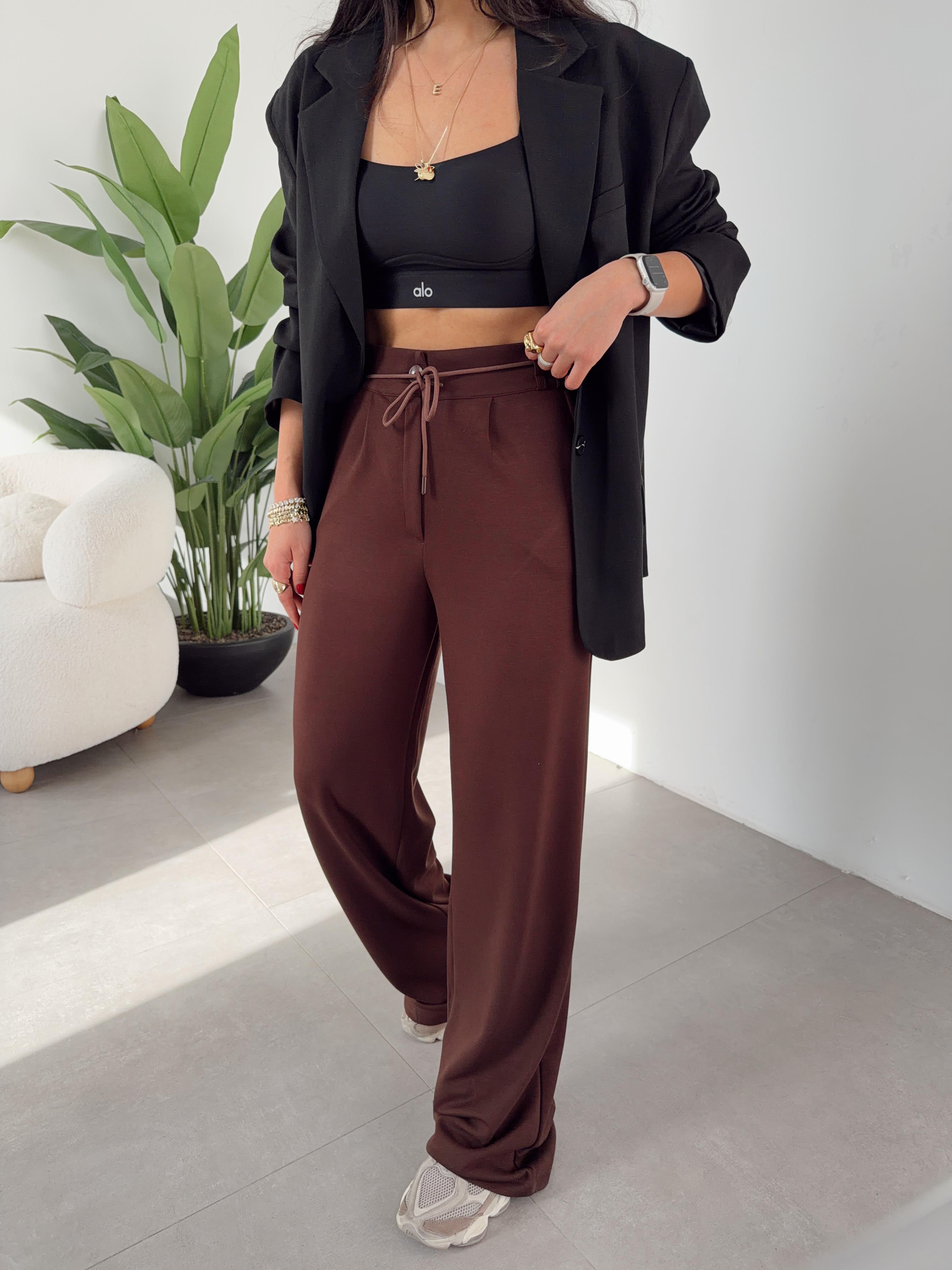 Kahve Arka Lastikli Düğme Detaylı Palazzo Pantolon