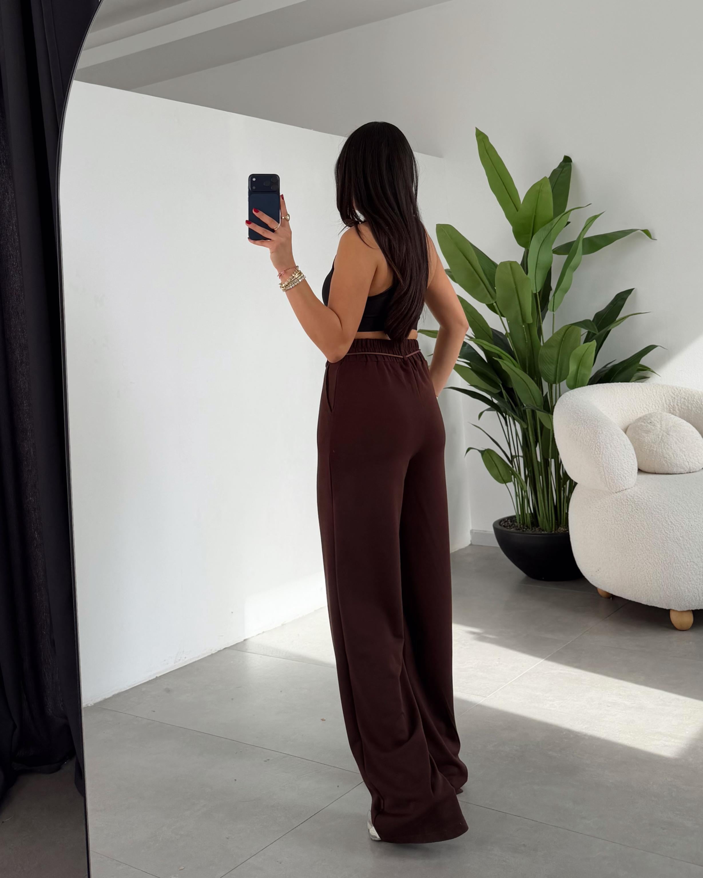 Kahve Arka Lastikli Düğme Detaylı Palazzo Pantolon