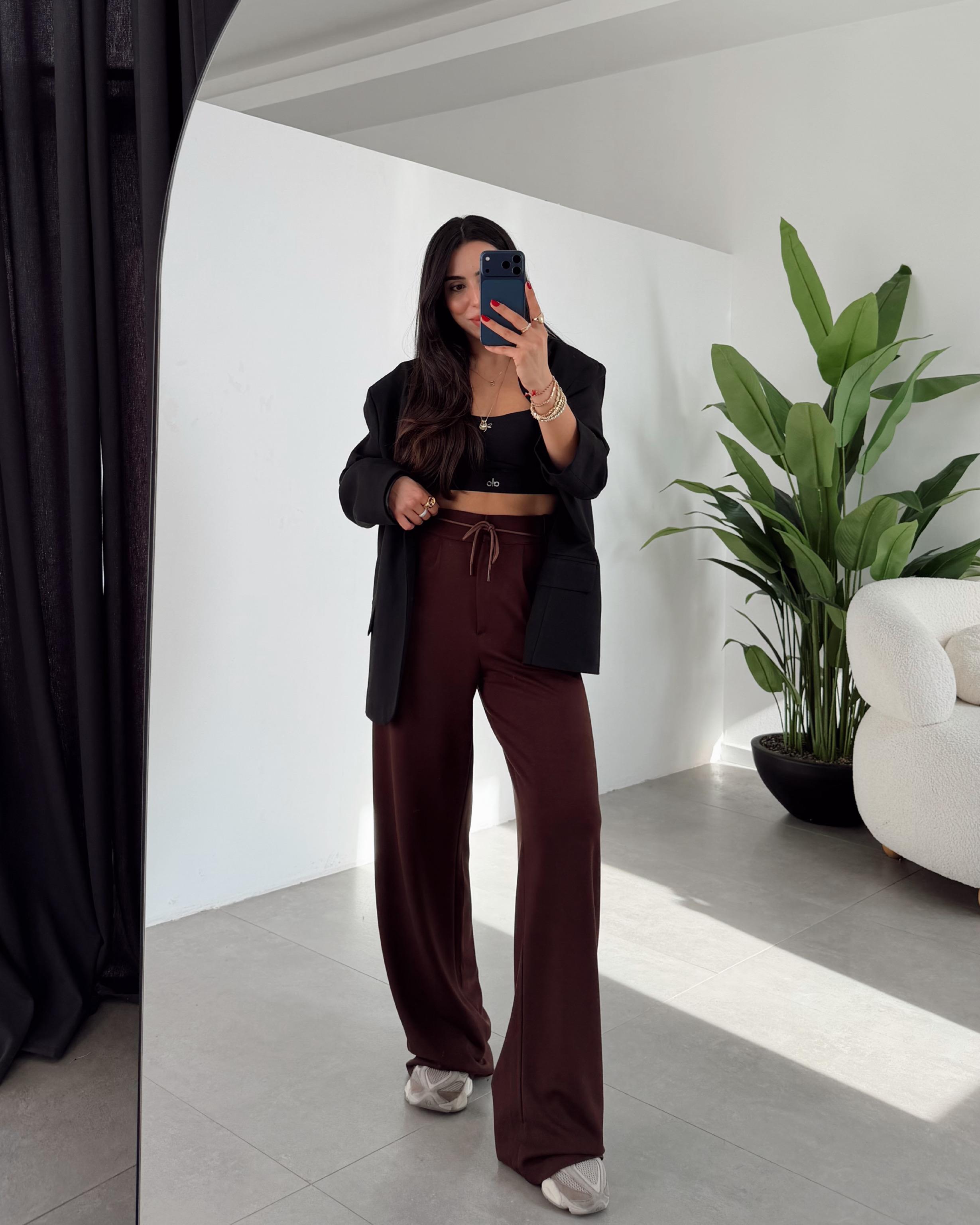 Kahve Arka Lastikli Düğme Detaylı Palazzo Pantolon