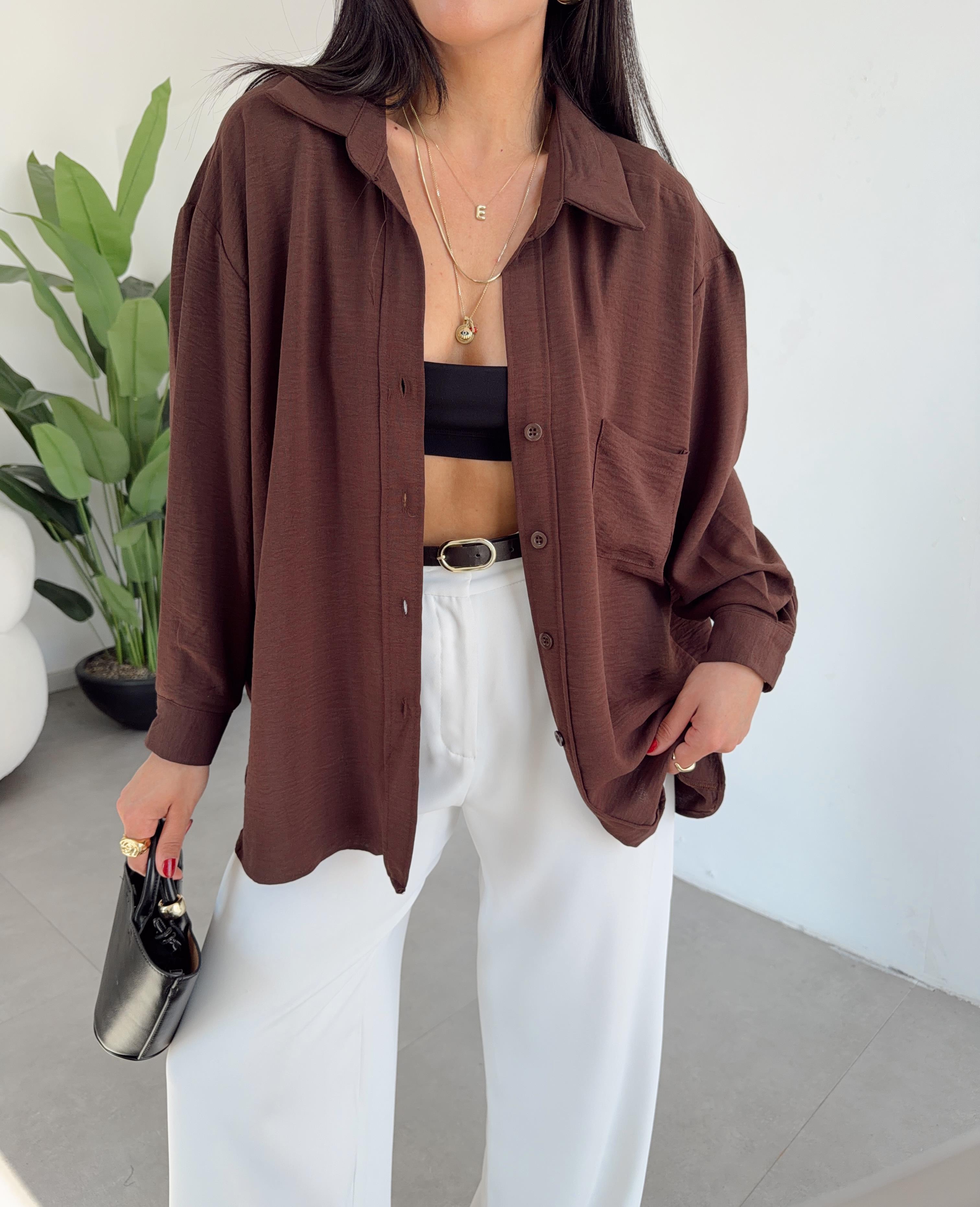 Kahve Ayrobin Cepli Oversize Gömlek