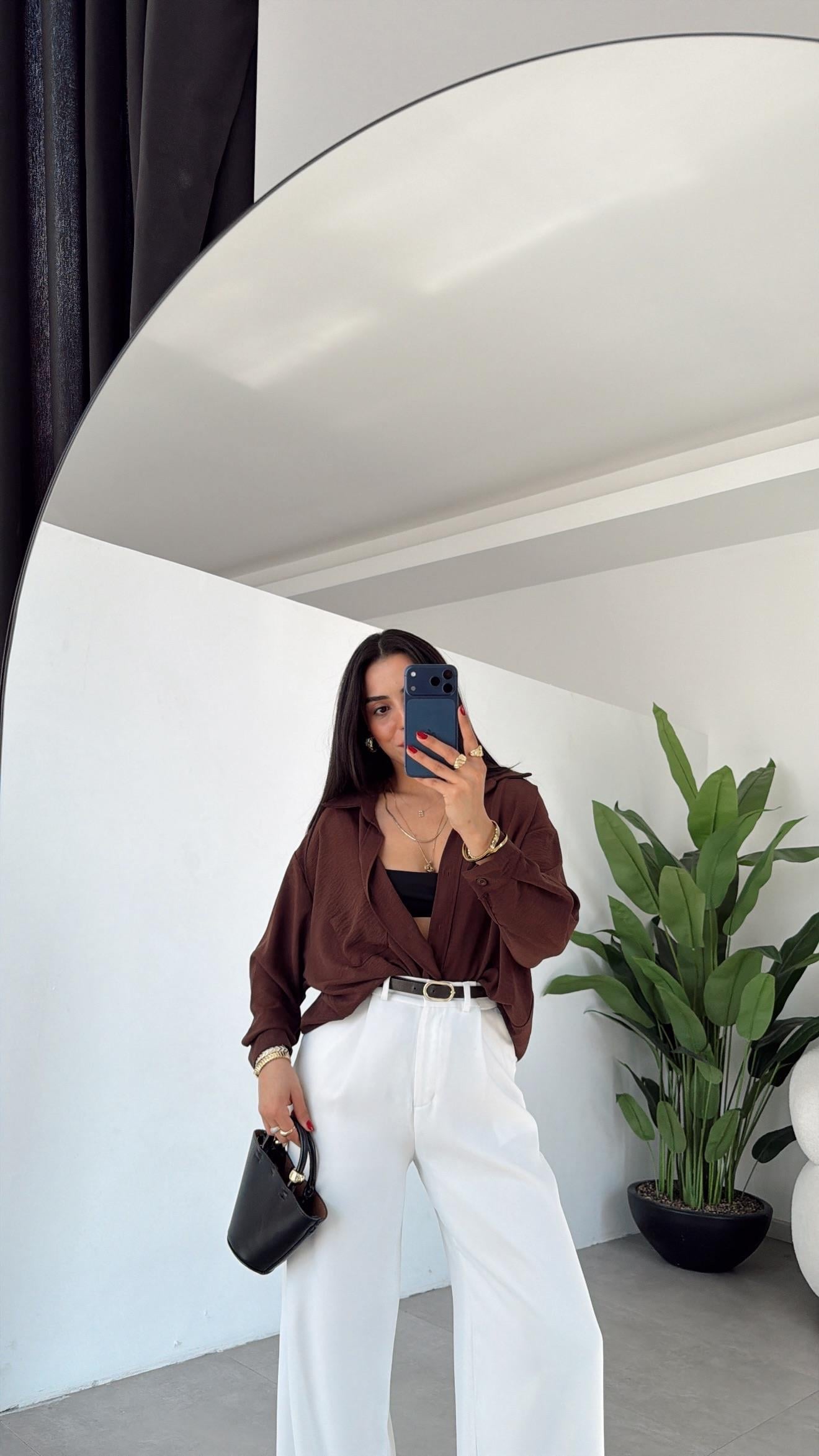 Kahve Ayrobin Cepli Oversize Gömlek