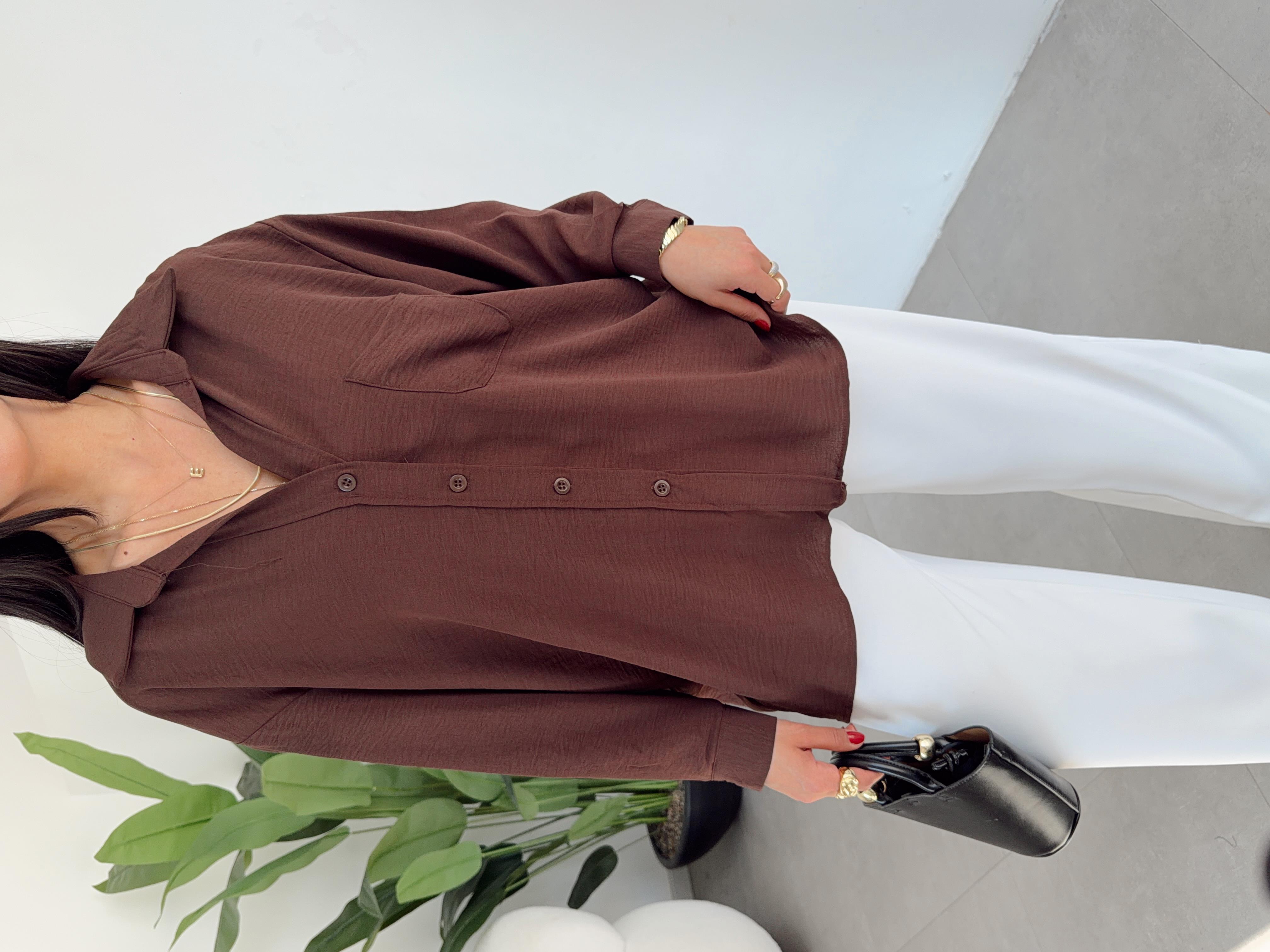 Kahve Ayrobin Cepli Oversize Gömlek
