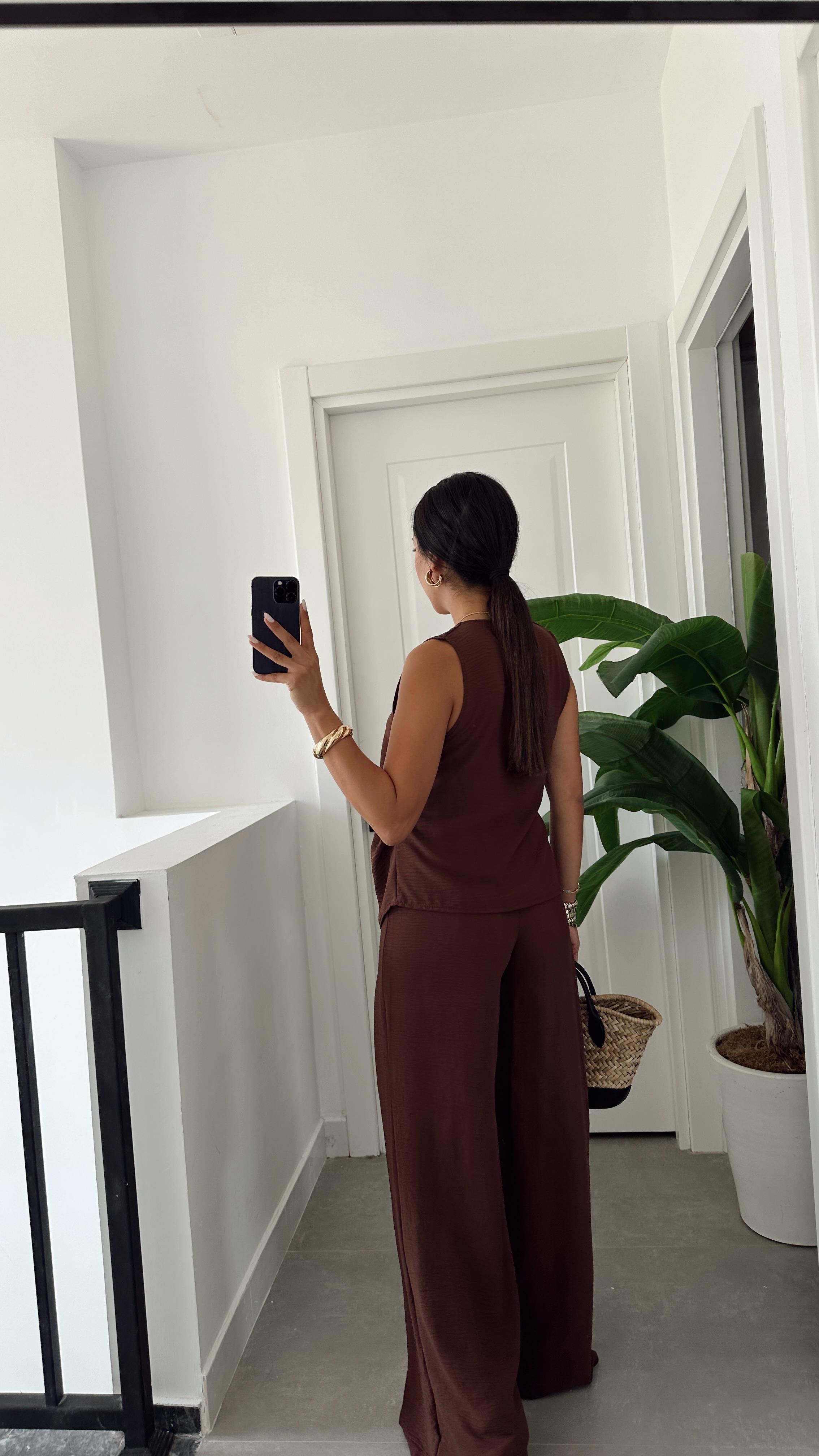 Kahve Ayrobin Kruveze Bağlamalı Pantolon Takım