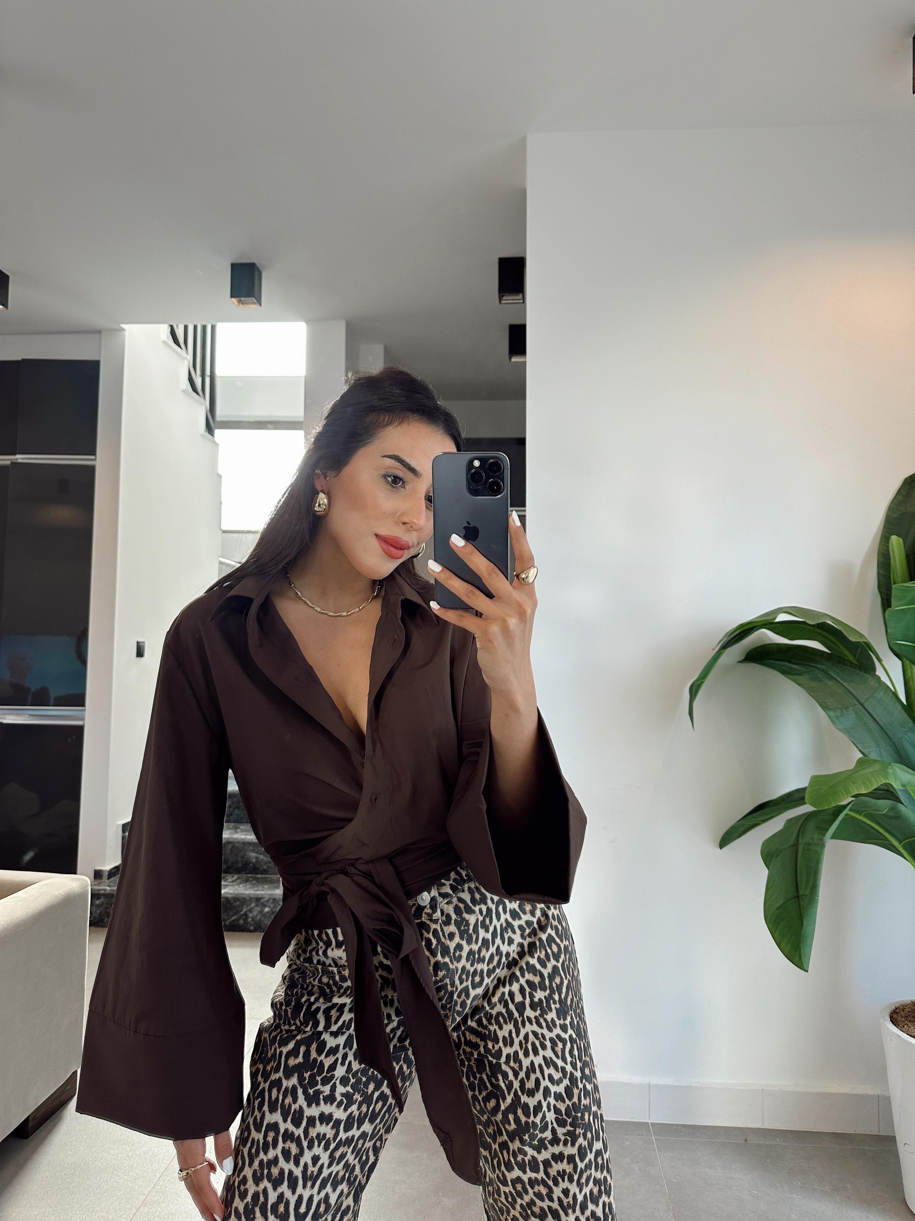 Kahve Bağlamalı Crop Gömlek