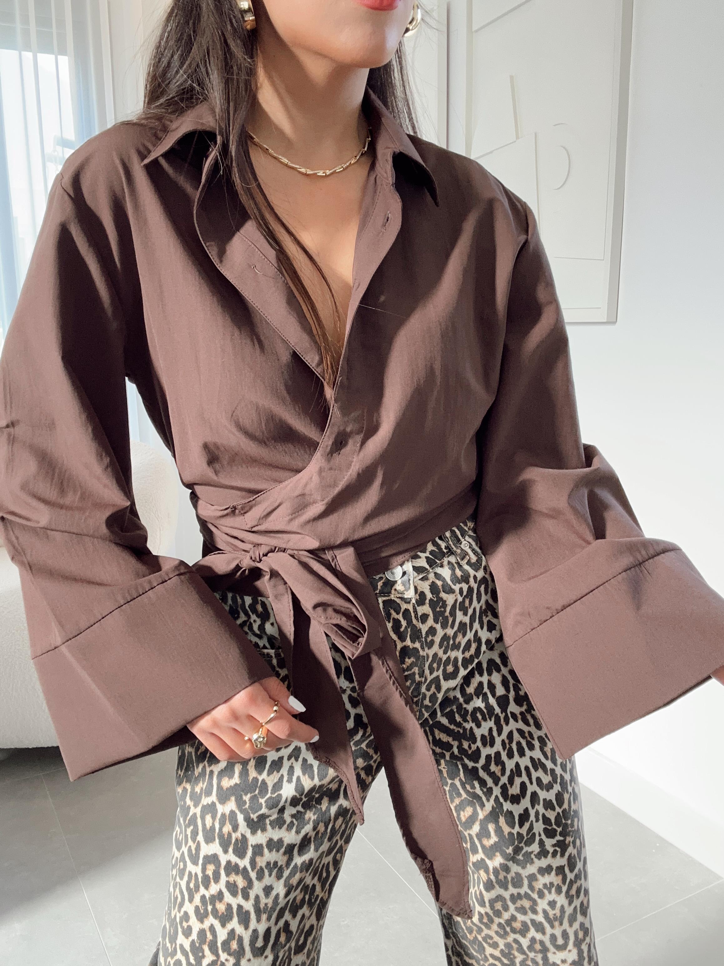 Kahve Bağlamalı Crop Gömlek