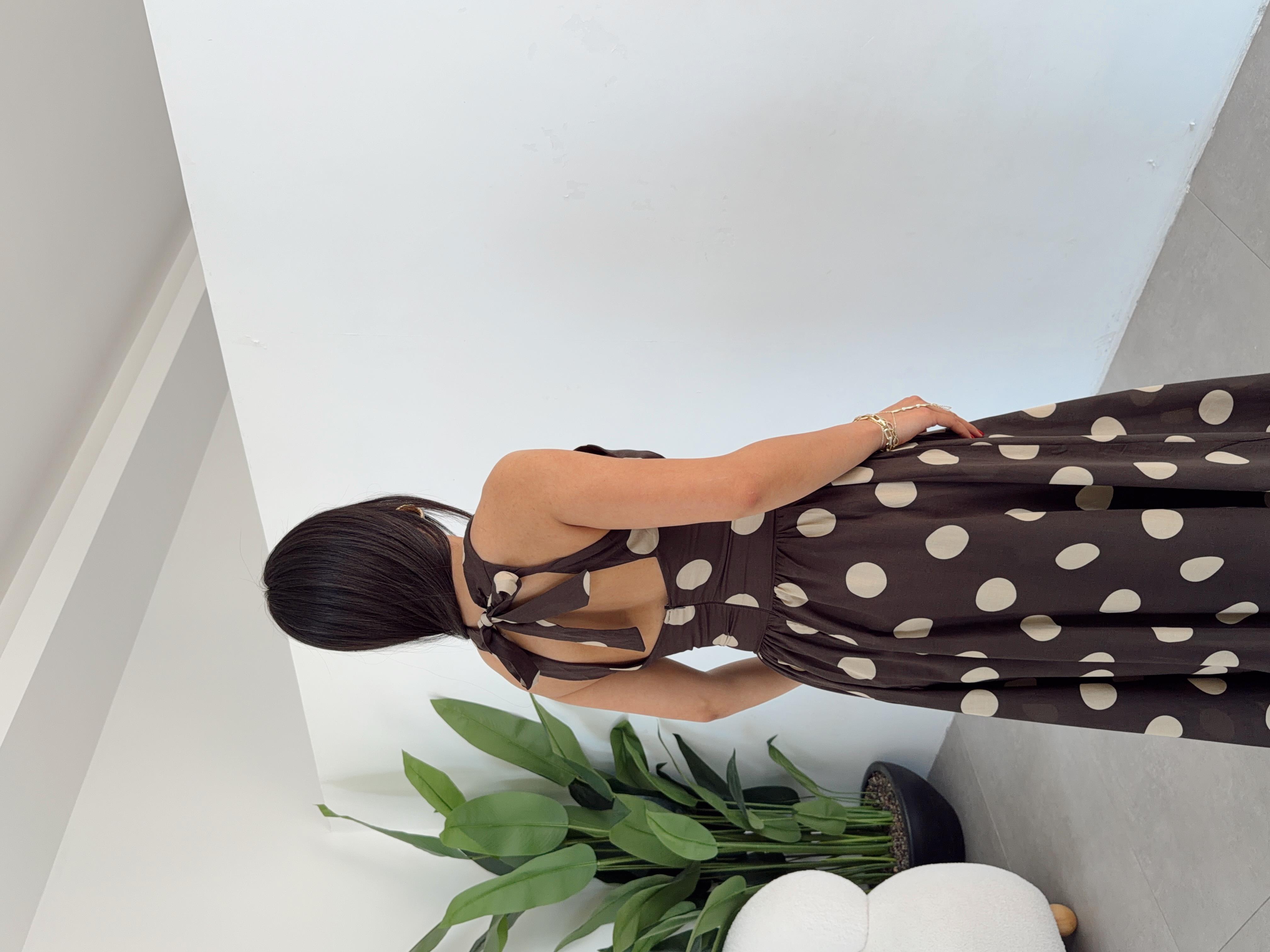 Kahve-Bej Puantiyeli Sırt Detaylı Elbise