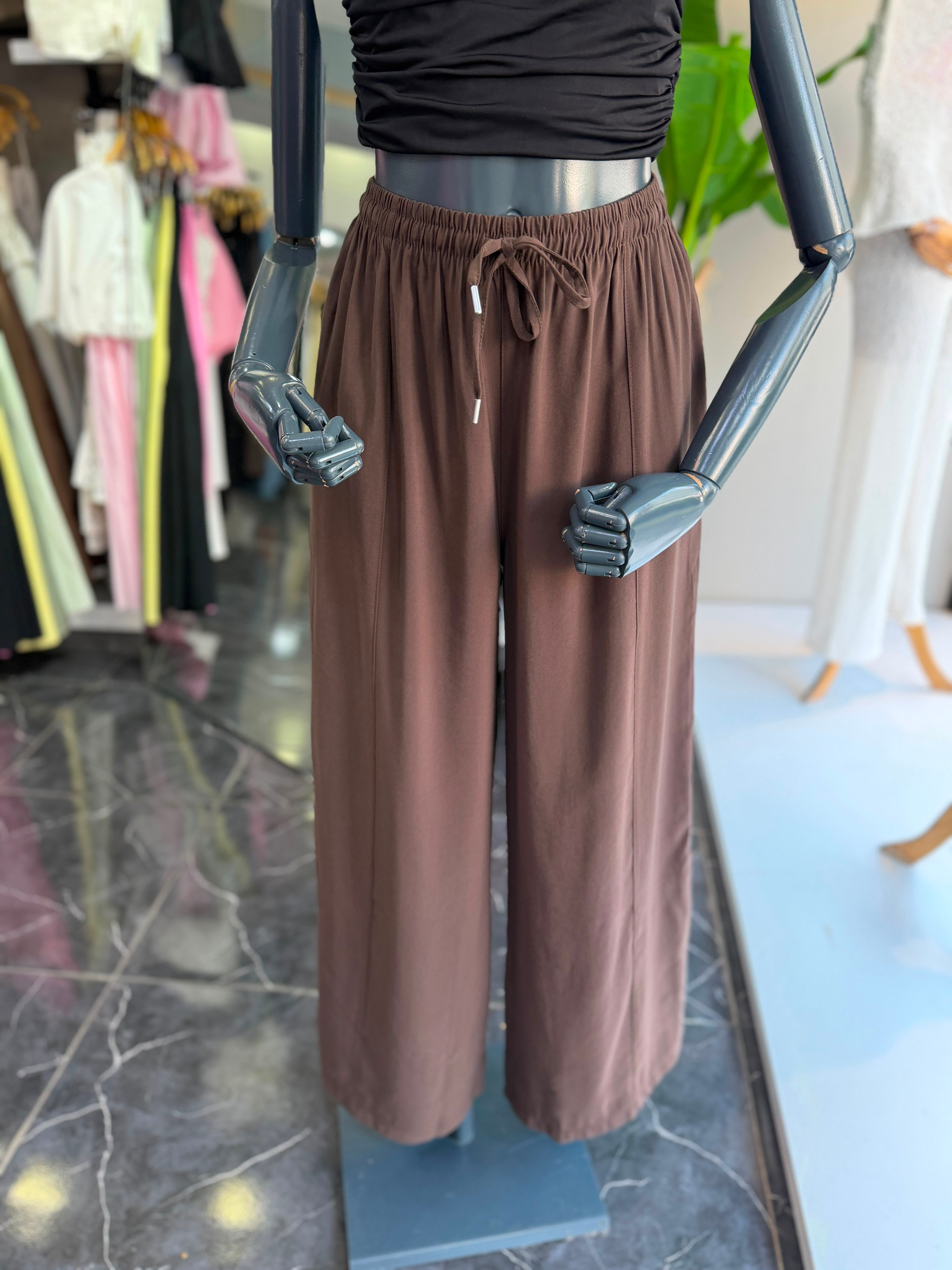 Kahve Beli Lastikli Tencel Pantolon