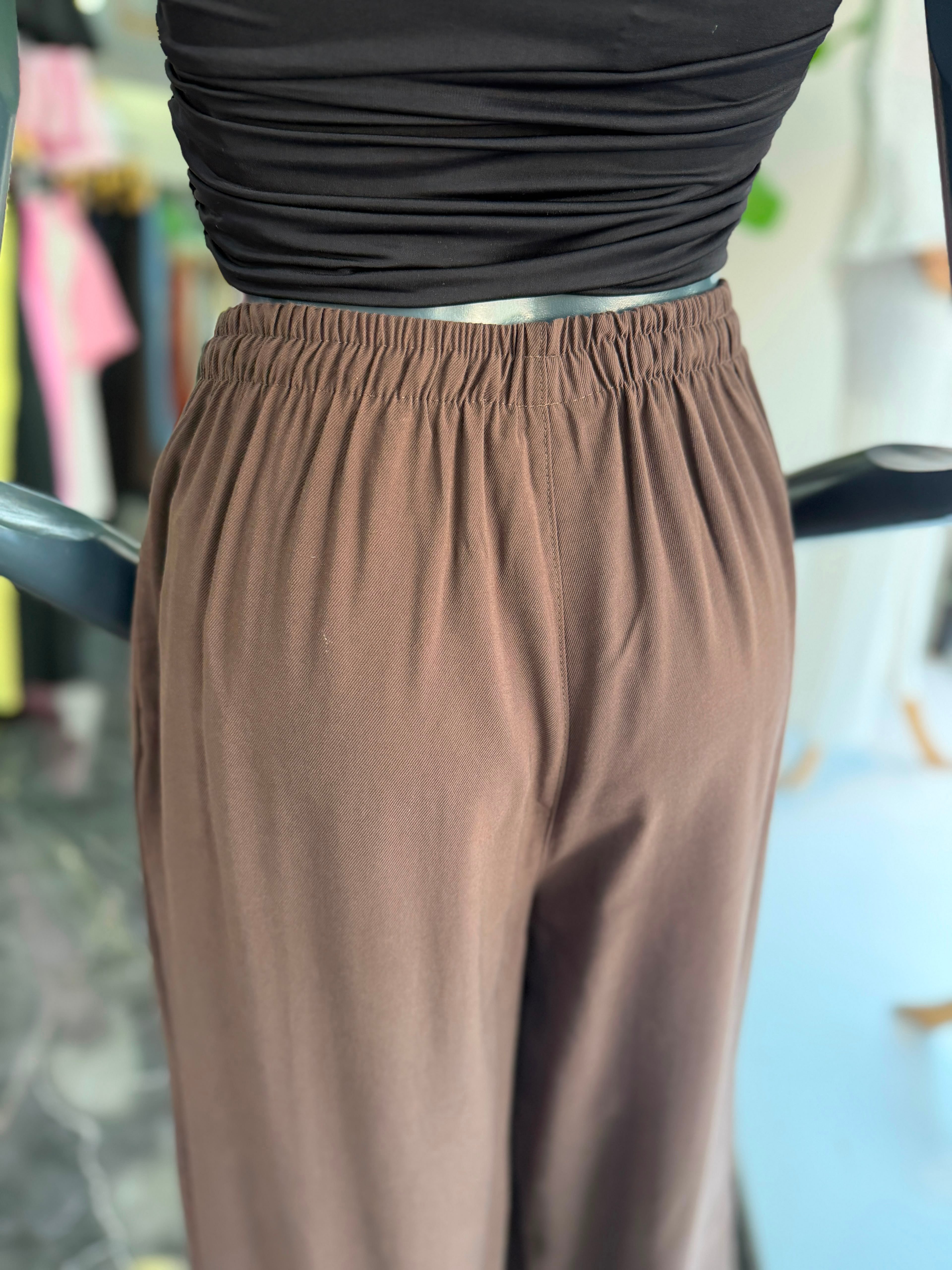Kahve Beli Lastikli Tencel Pantolon