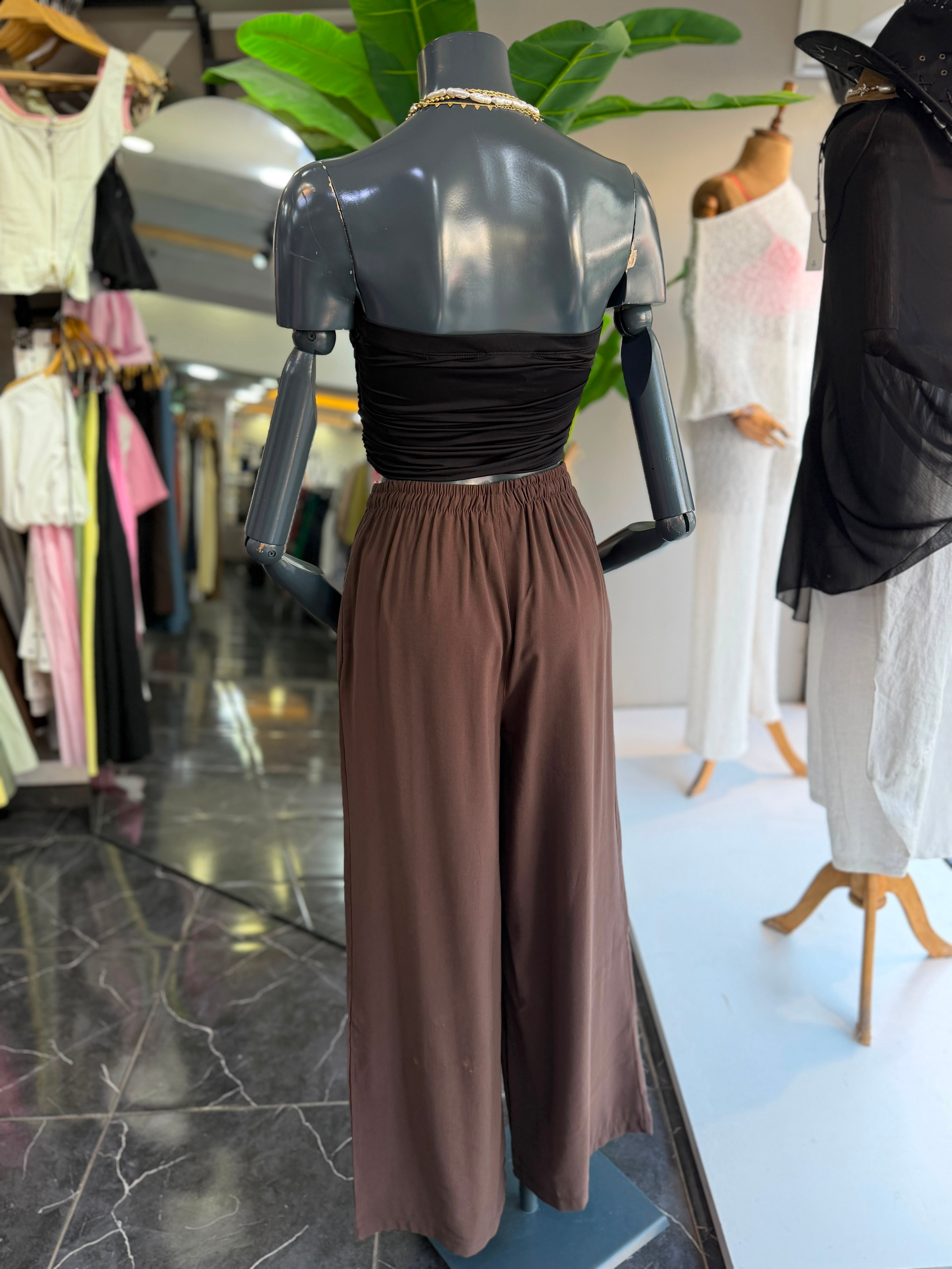 Kahve Beli Lastikli Tencel Pantolon
