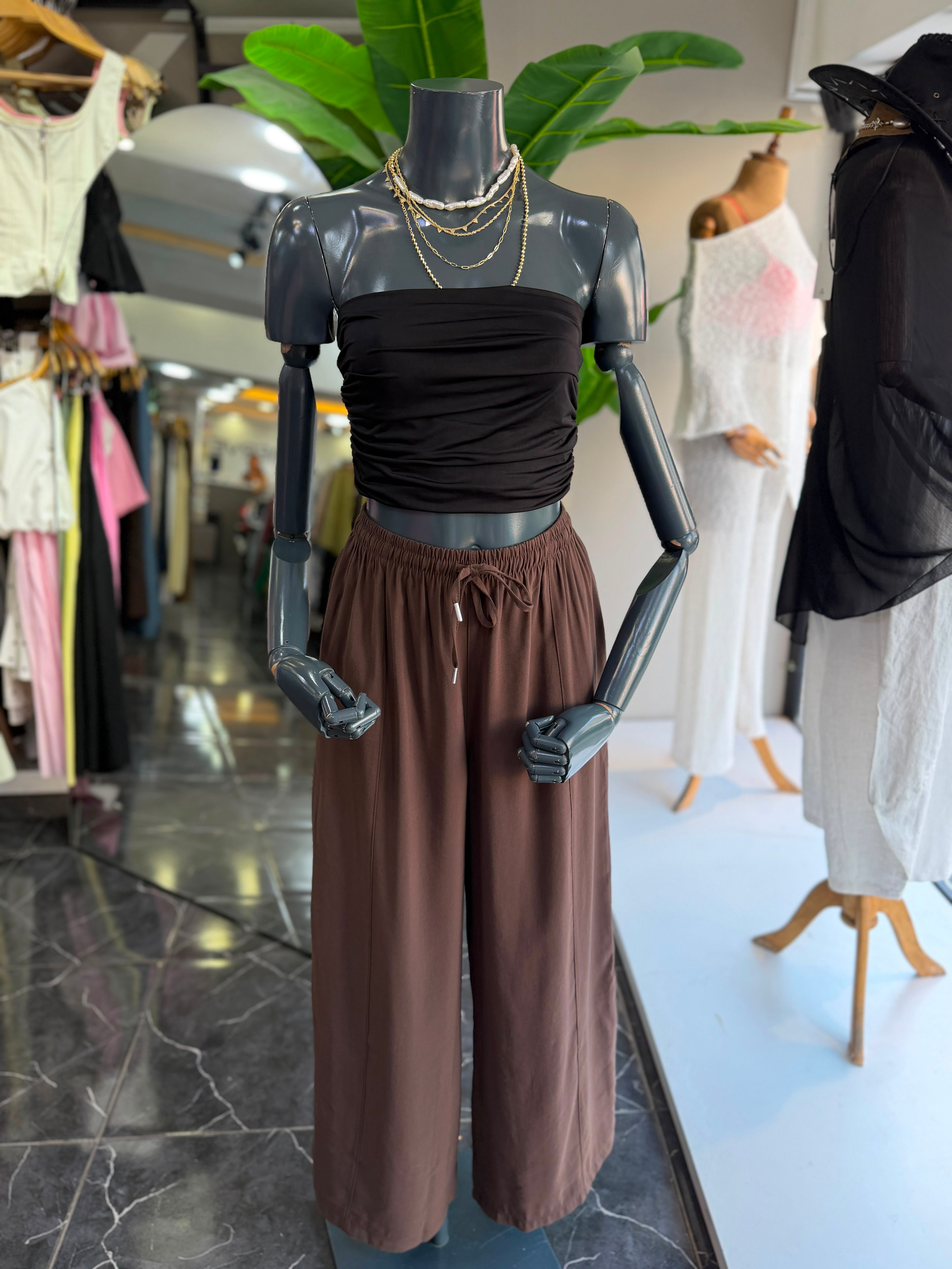 Kahve Beli Lastikli Tencel Pantolon