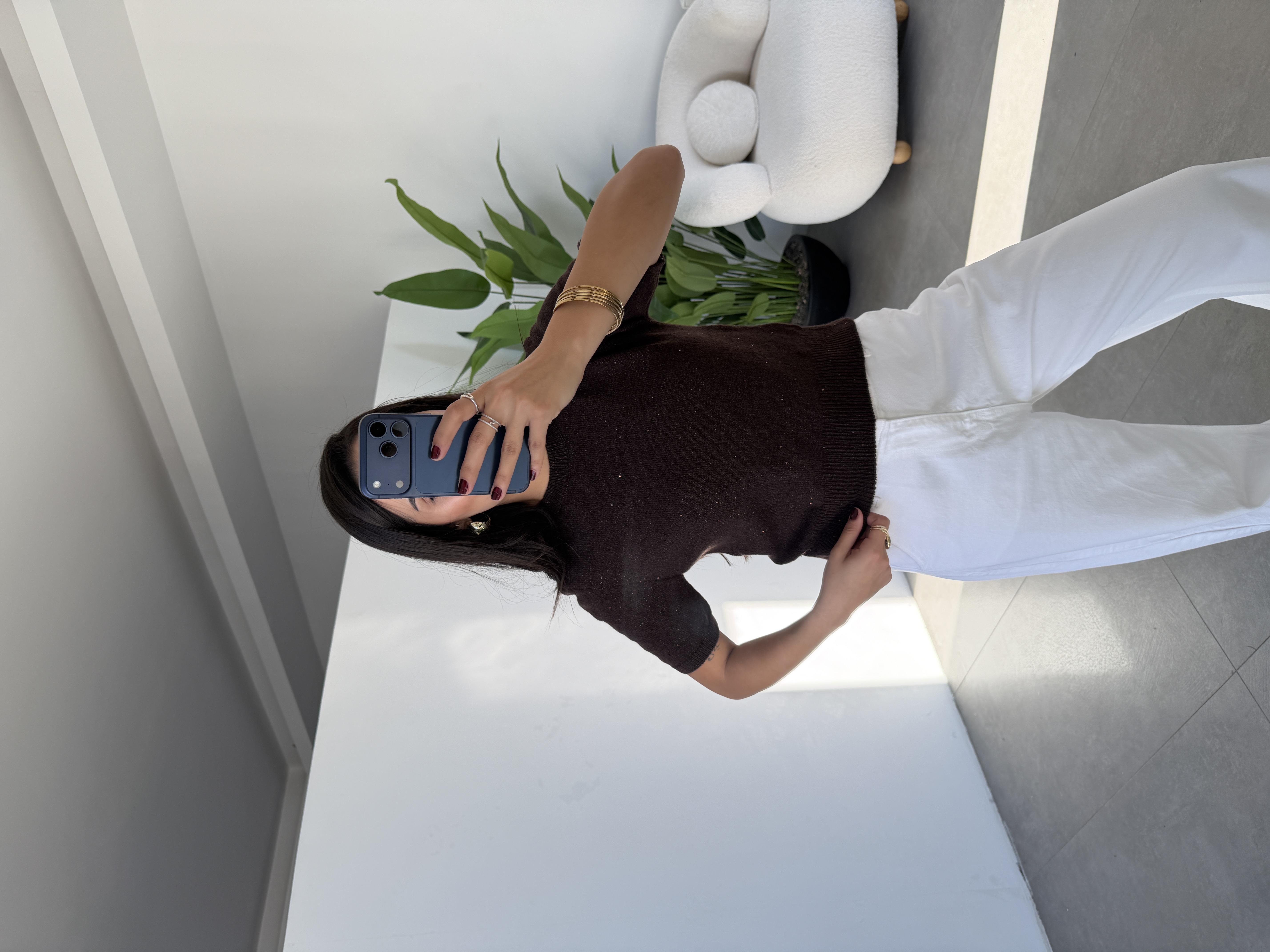 Kahve Bisiklet Yaka Pullu Simli Triko