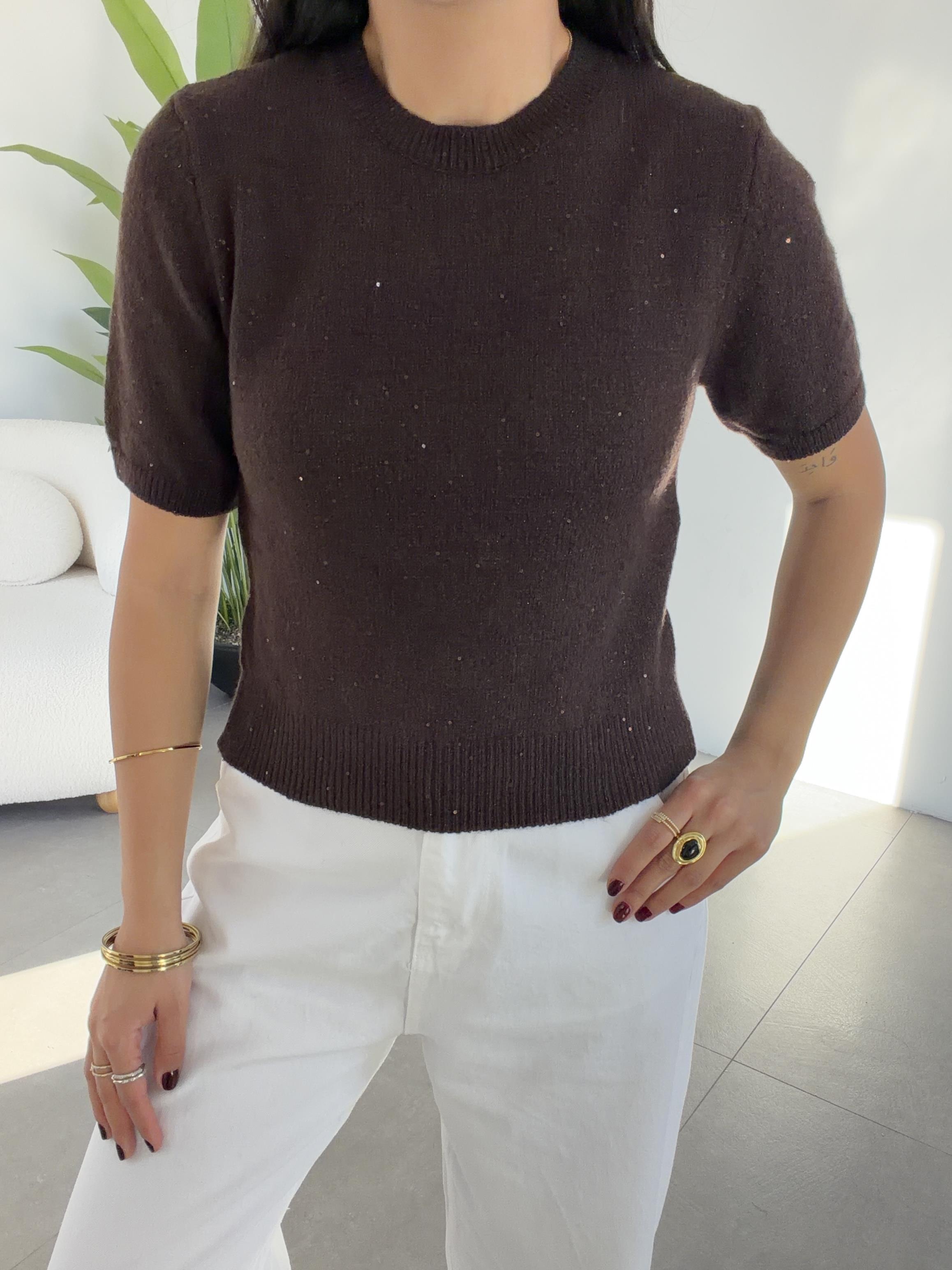 Kahve Bisiklet Yaka Pullu Simli Triko