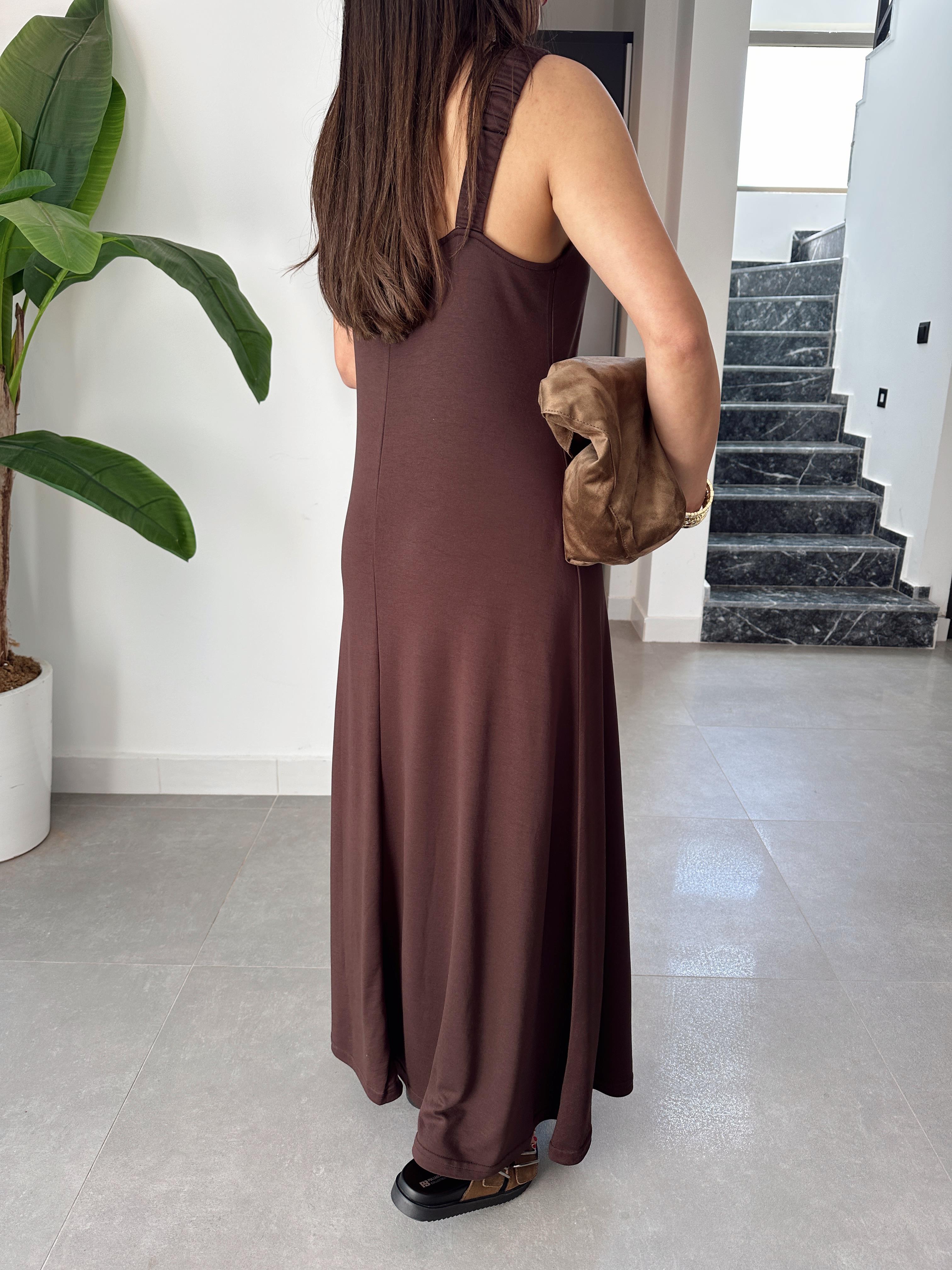 Kahve Büzgü Askılı Modal Kumaş Elbise