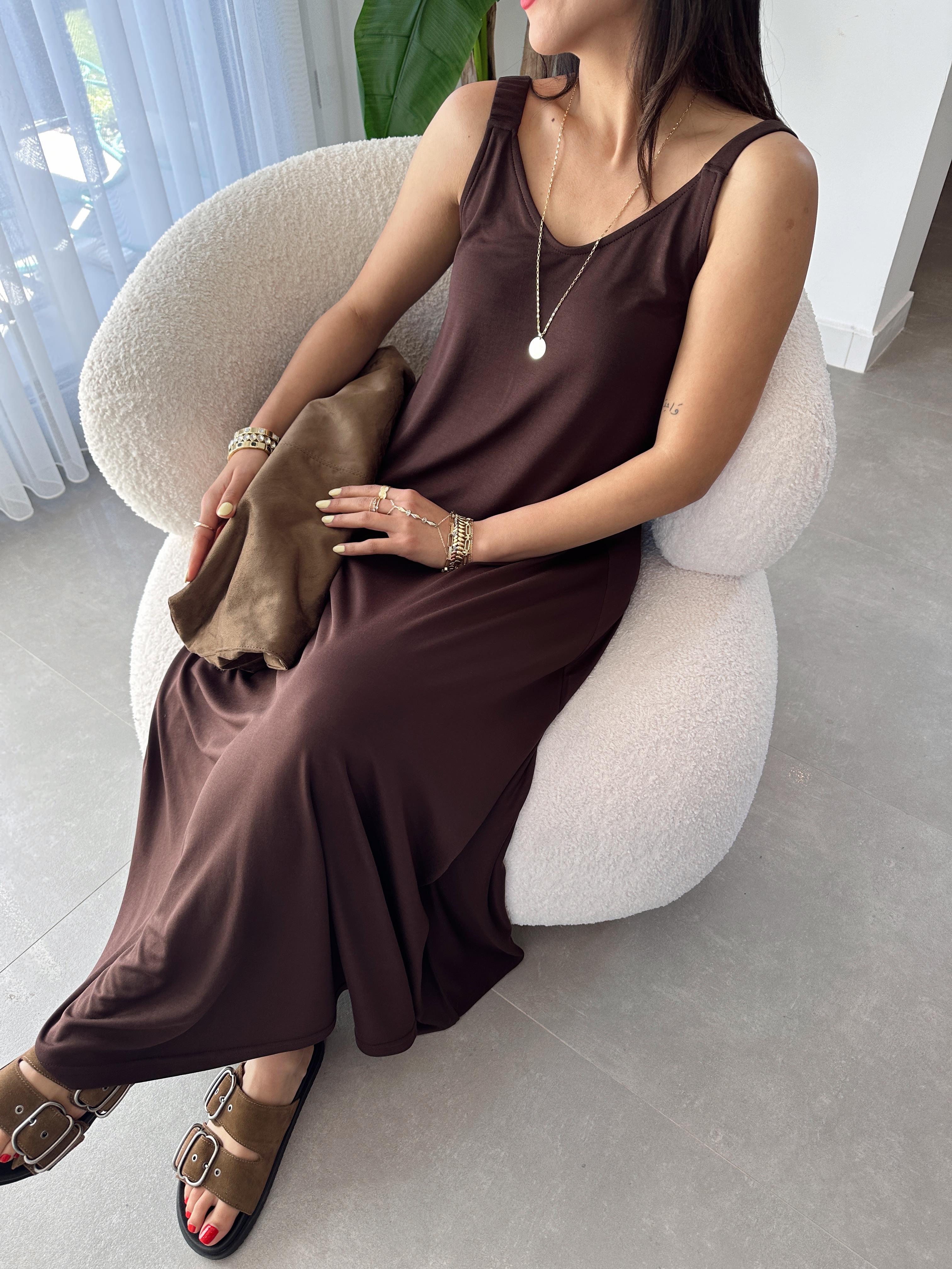Kahve Büzgü Askılı Modal Kumaş Elbise