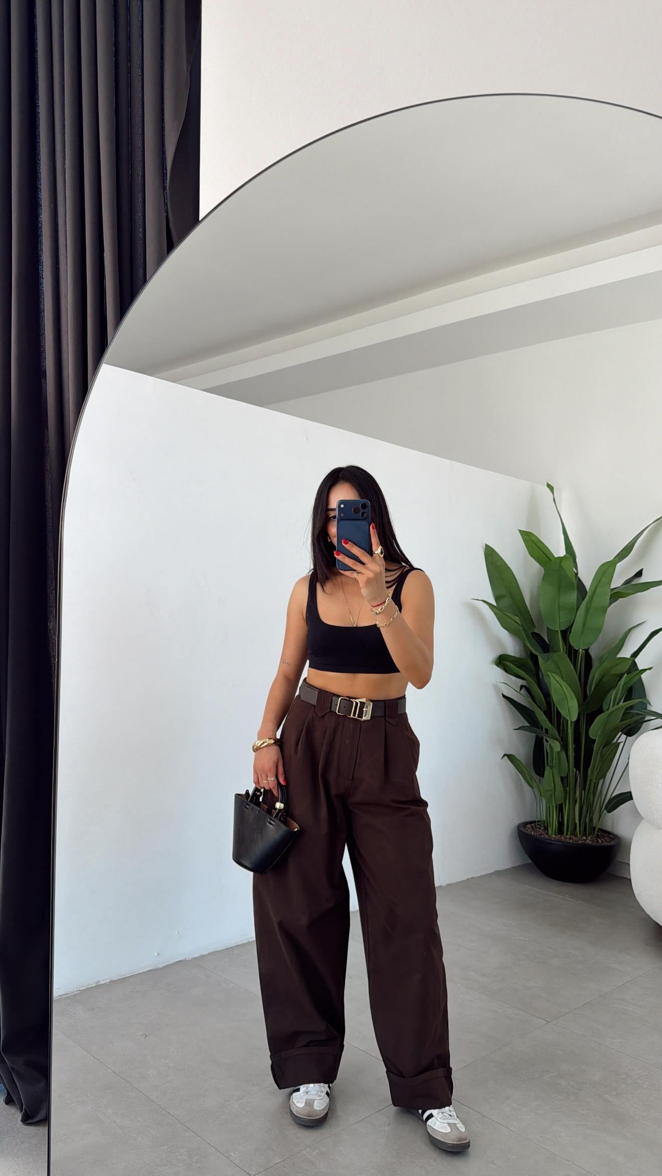 Kahve Çift Pile Gabardin Pantolon