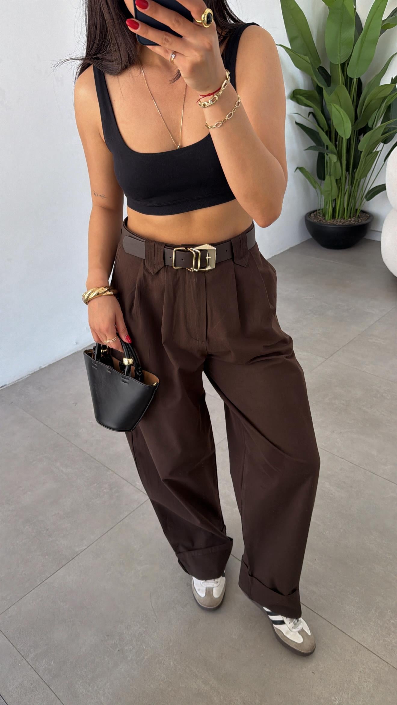 Kahve Çift Pile Gabardin Pantolon