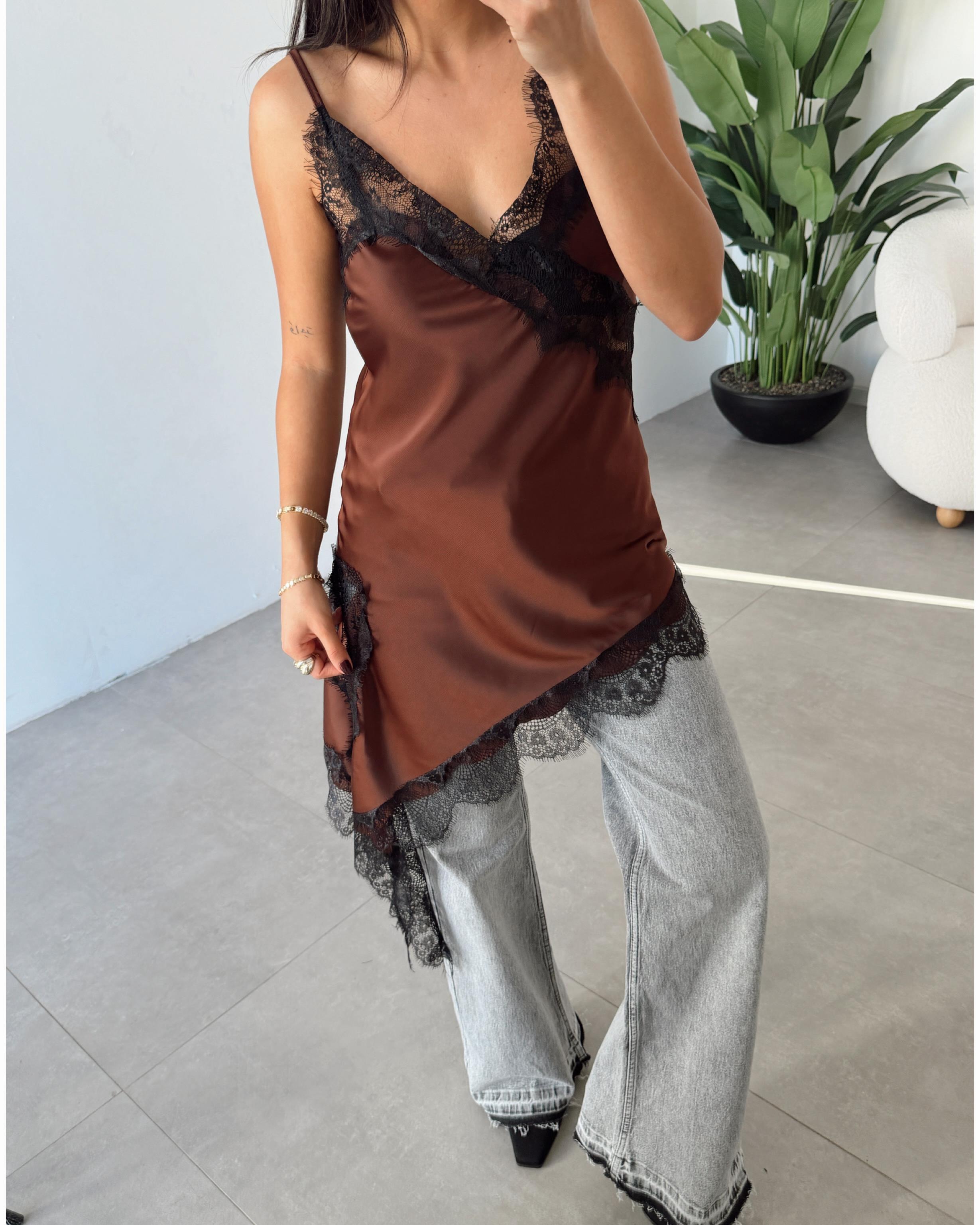 Kahve Dantel Bluz Agno