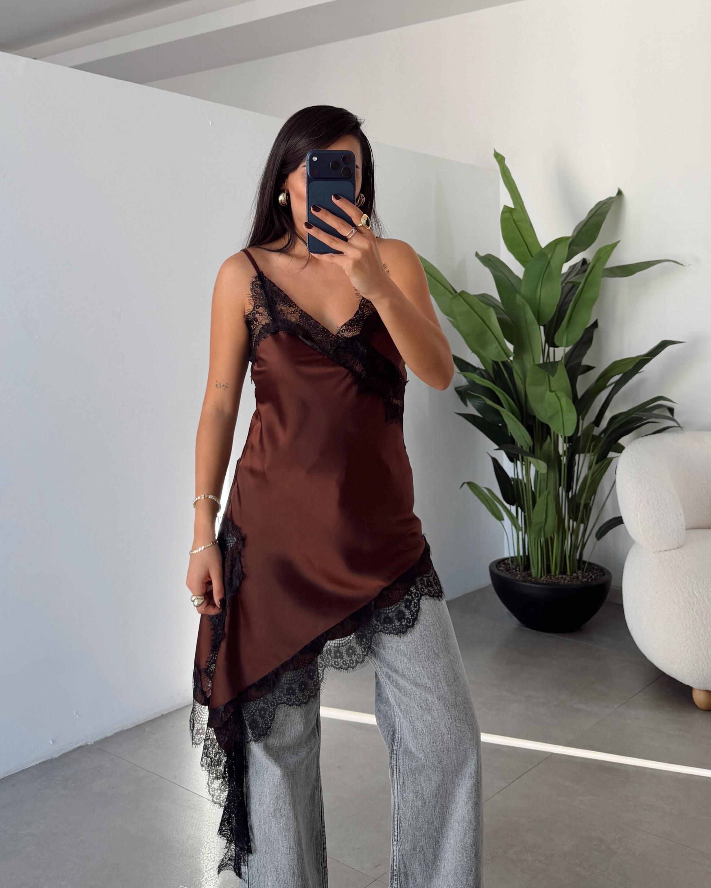 Kahve Dantel Bluz Agno