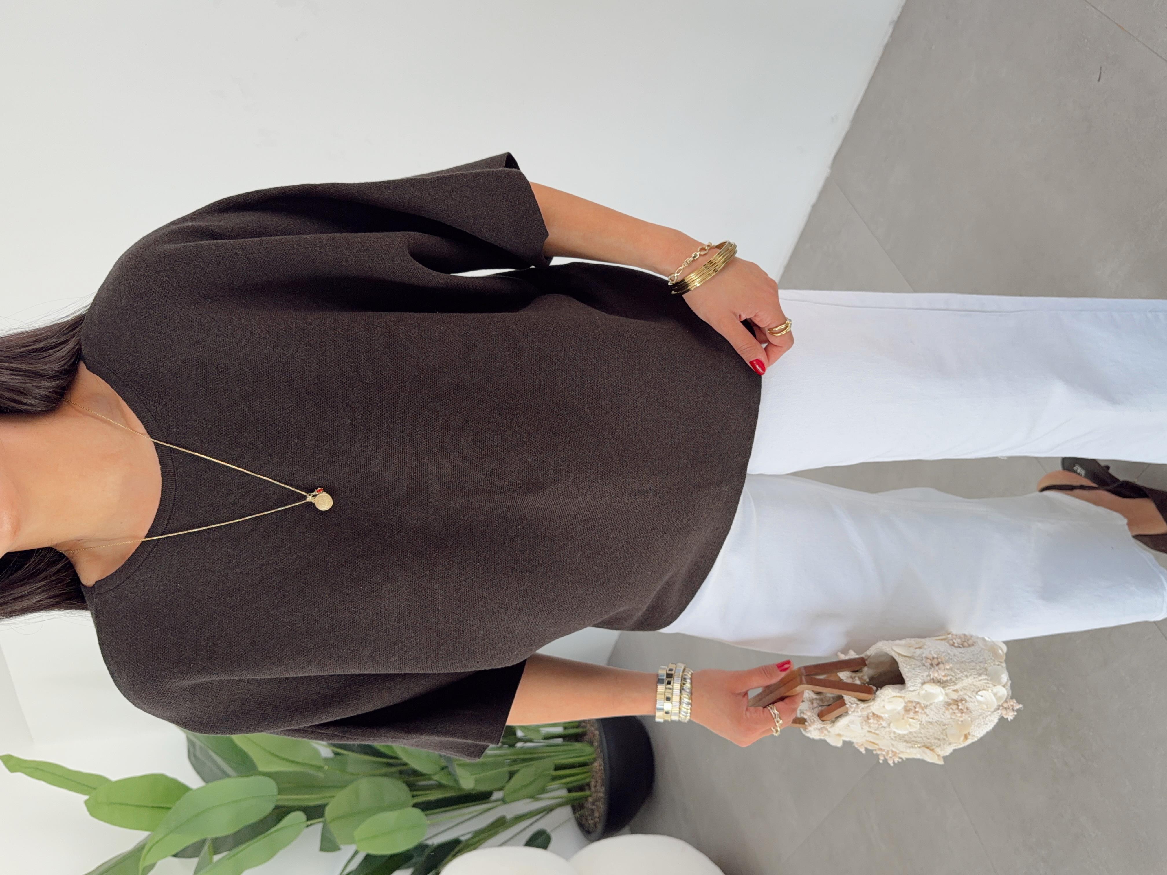 Kahve Dantel Detaylı Triko Bluz