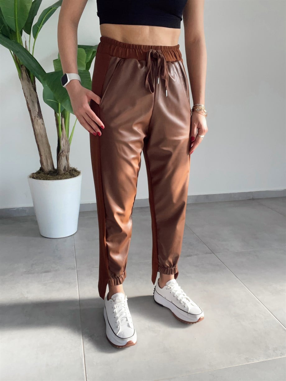 Kahve Deri Detaylı Pantolon