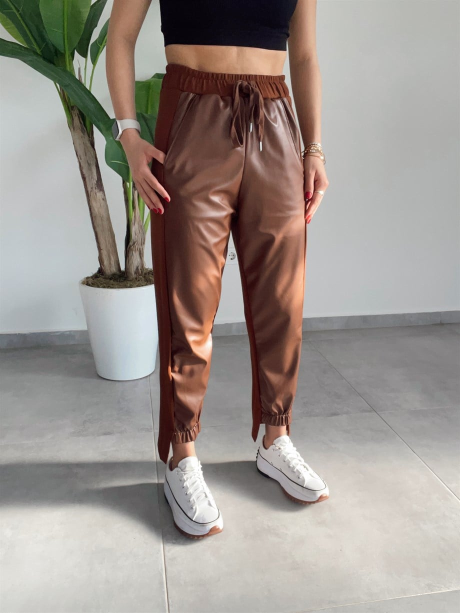 Kahve Deri Detaylı Pantolon