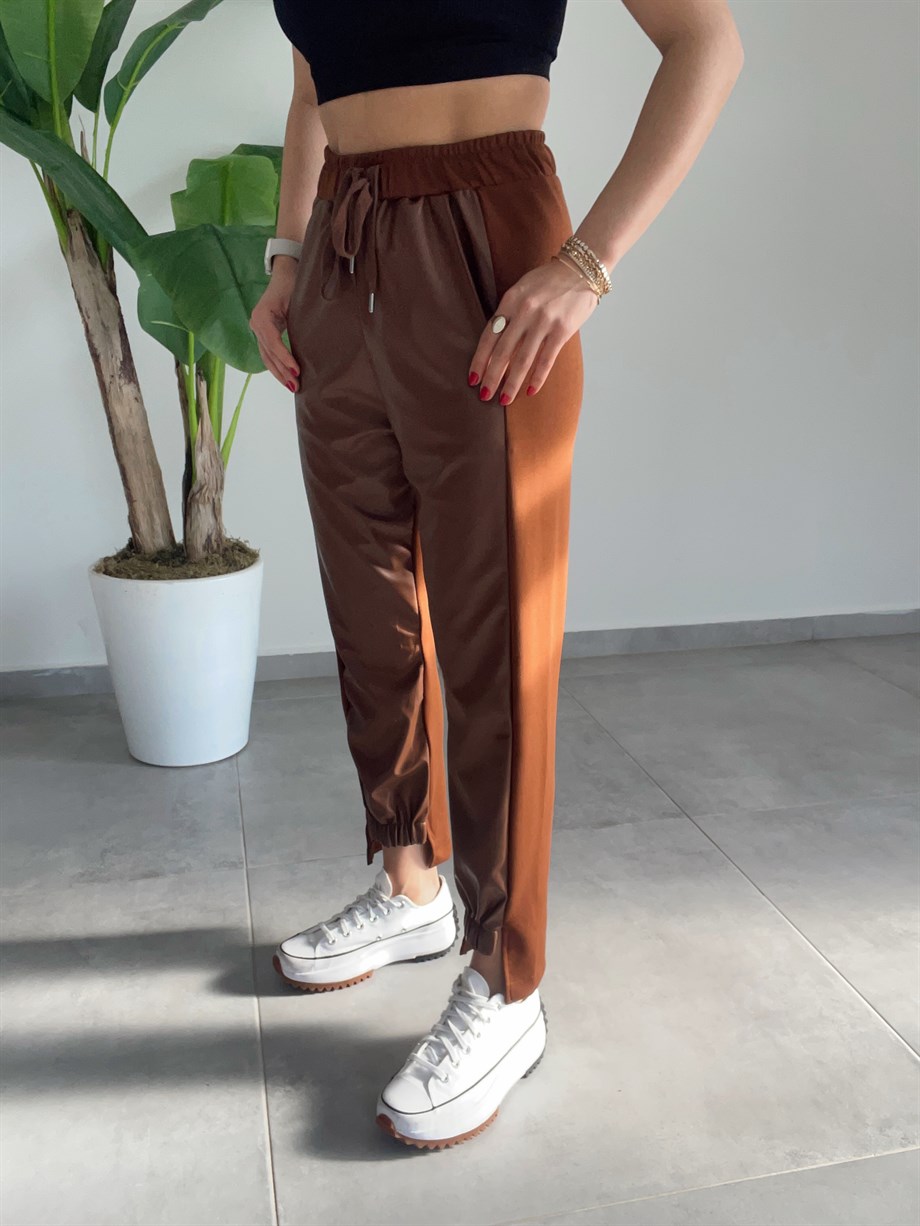 Kahve Deri Detaylı Pantolon