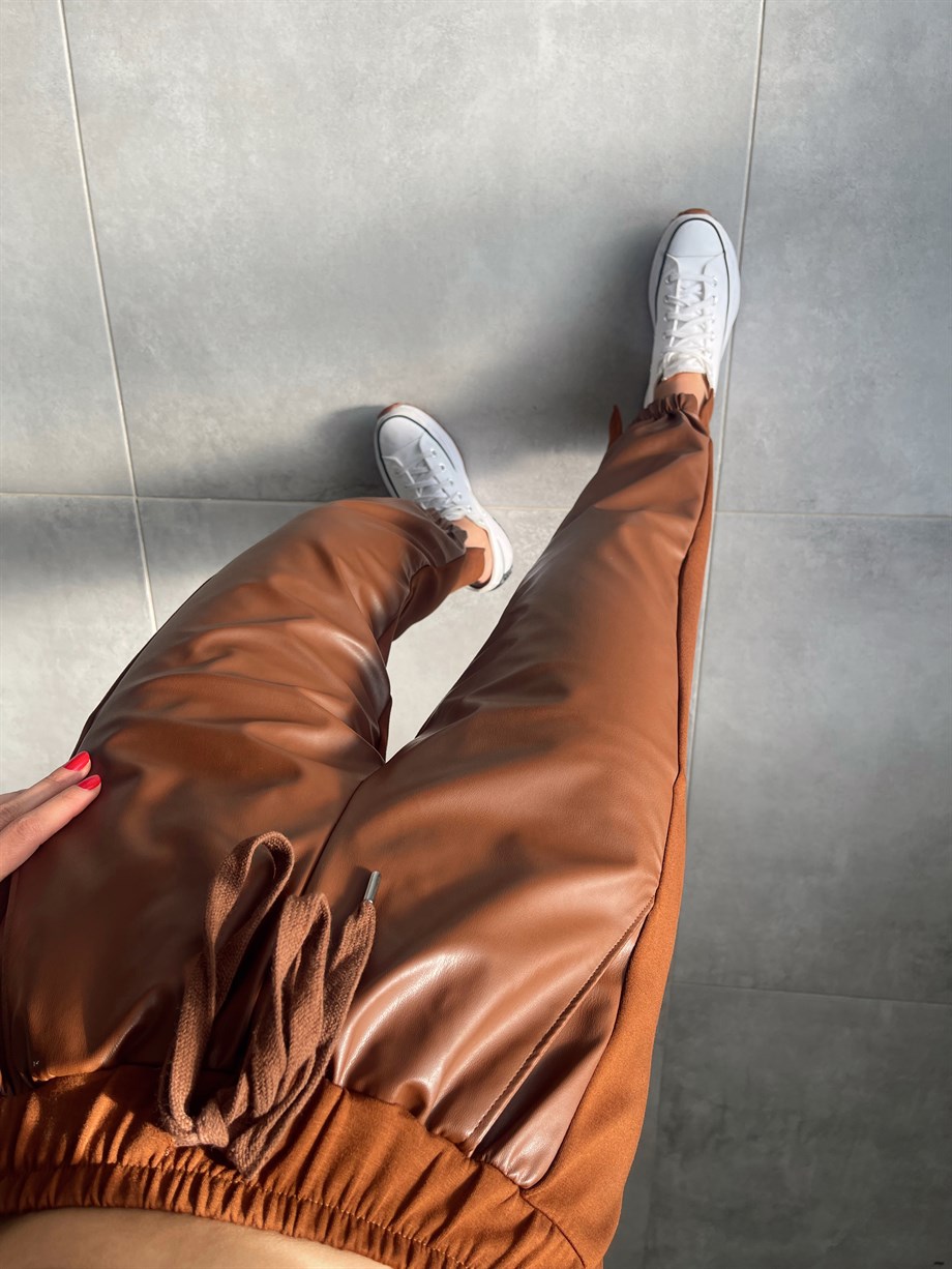 Kahve Deri Detaylı Pantolon